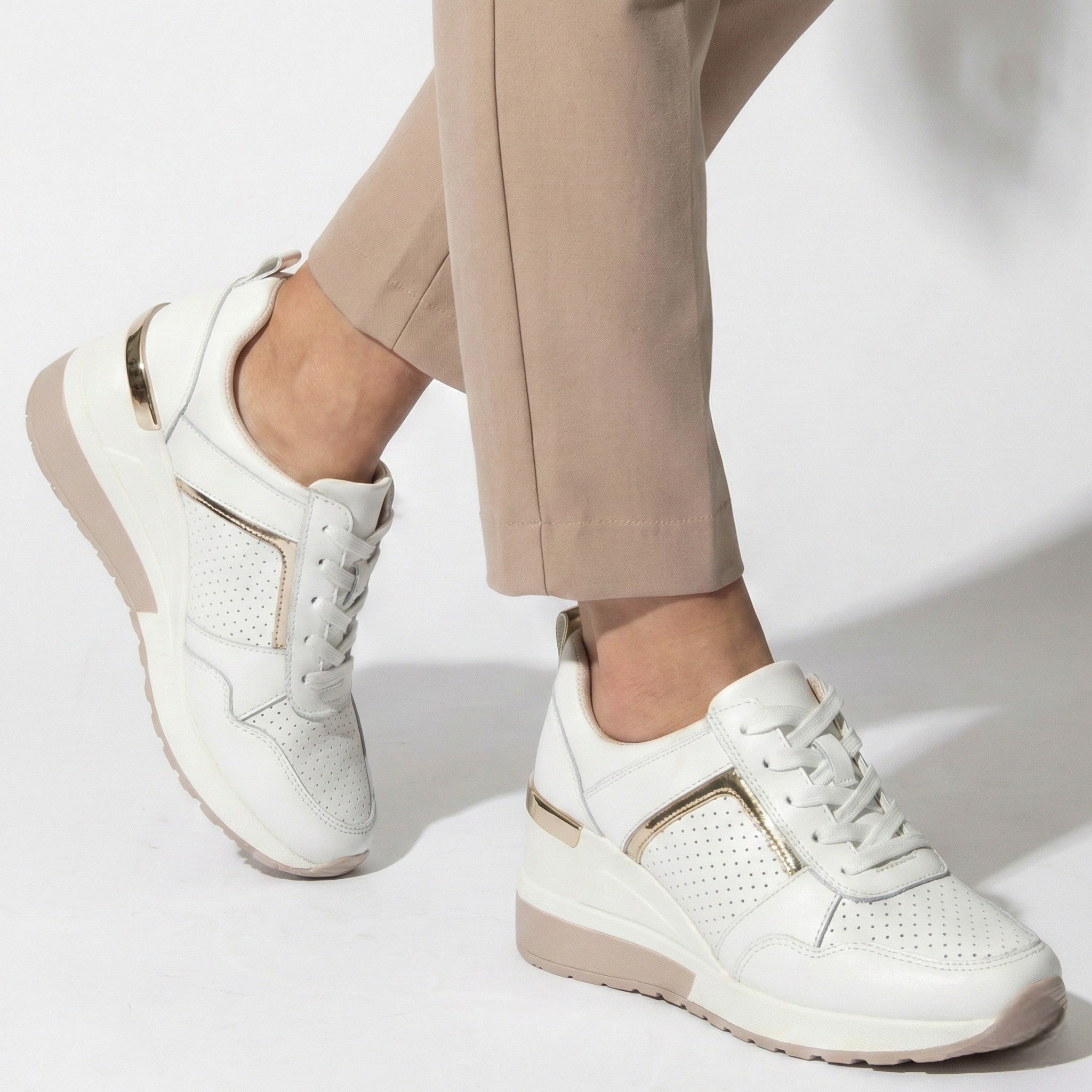 Georgia - Women’s Wedge Heel Trainers with Metallic Accents - Shoes - White - Jones & Smith