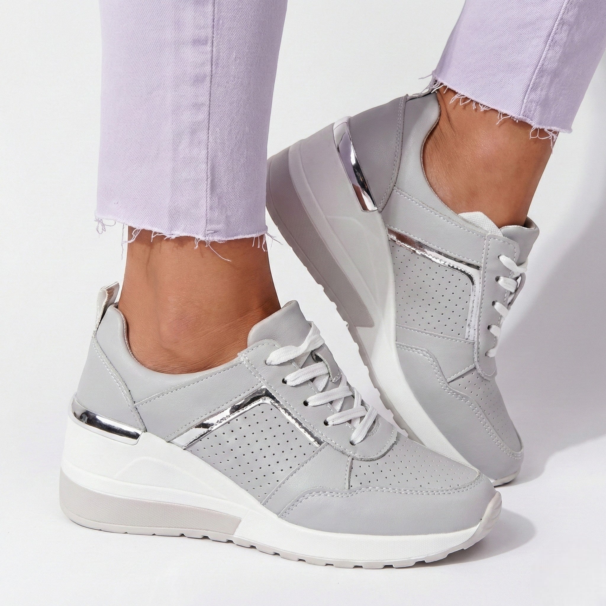 Georgia - Women’s Wedge Heel Trainers with Metallic Accents - Shoes - Grey - Jones & Smith