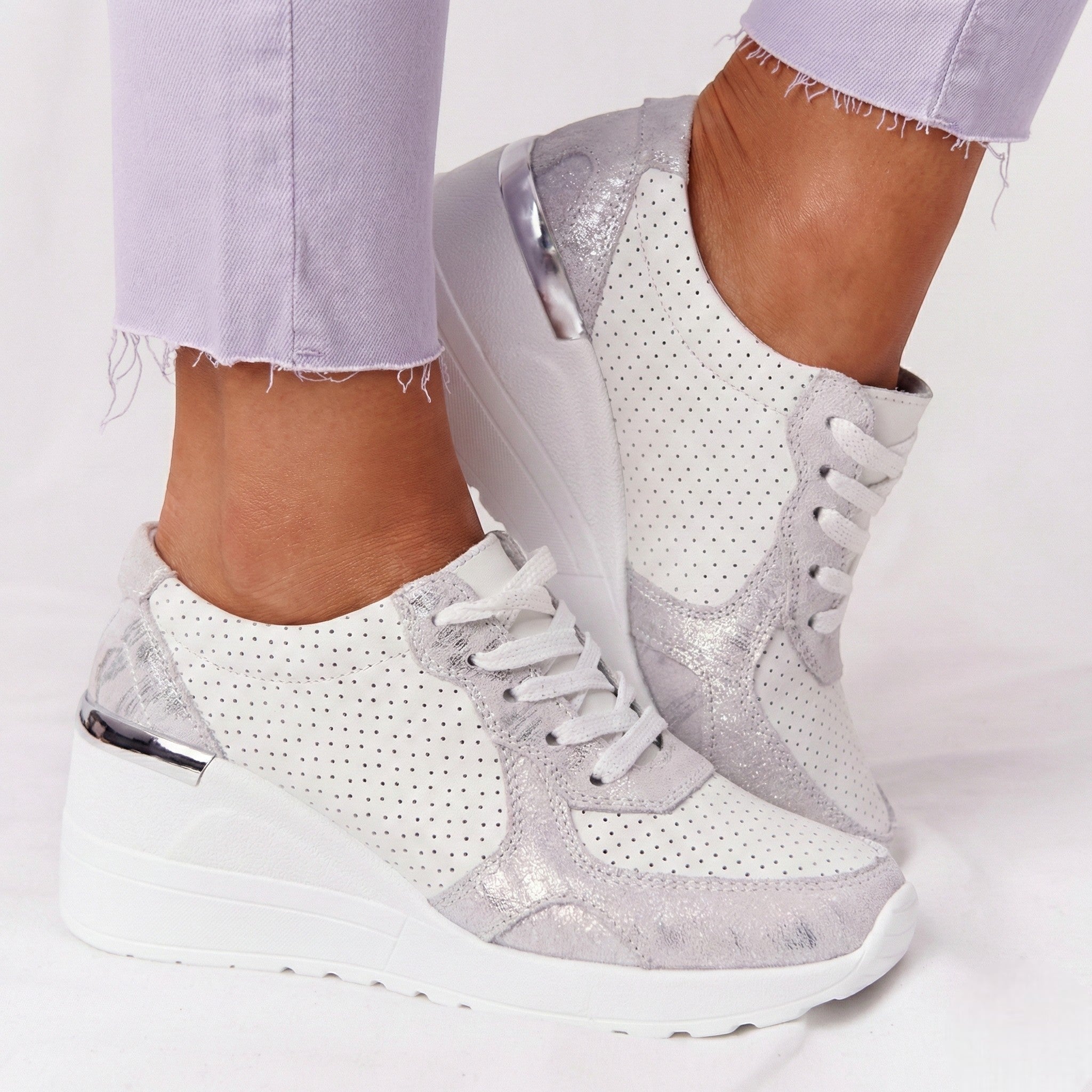 Georgia - Women’s Wedge Heel Trainers with Metallic Accents - Shoes - White/Grey - Jones & Smith