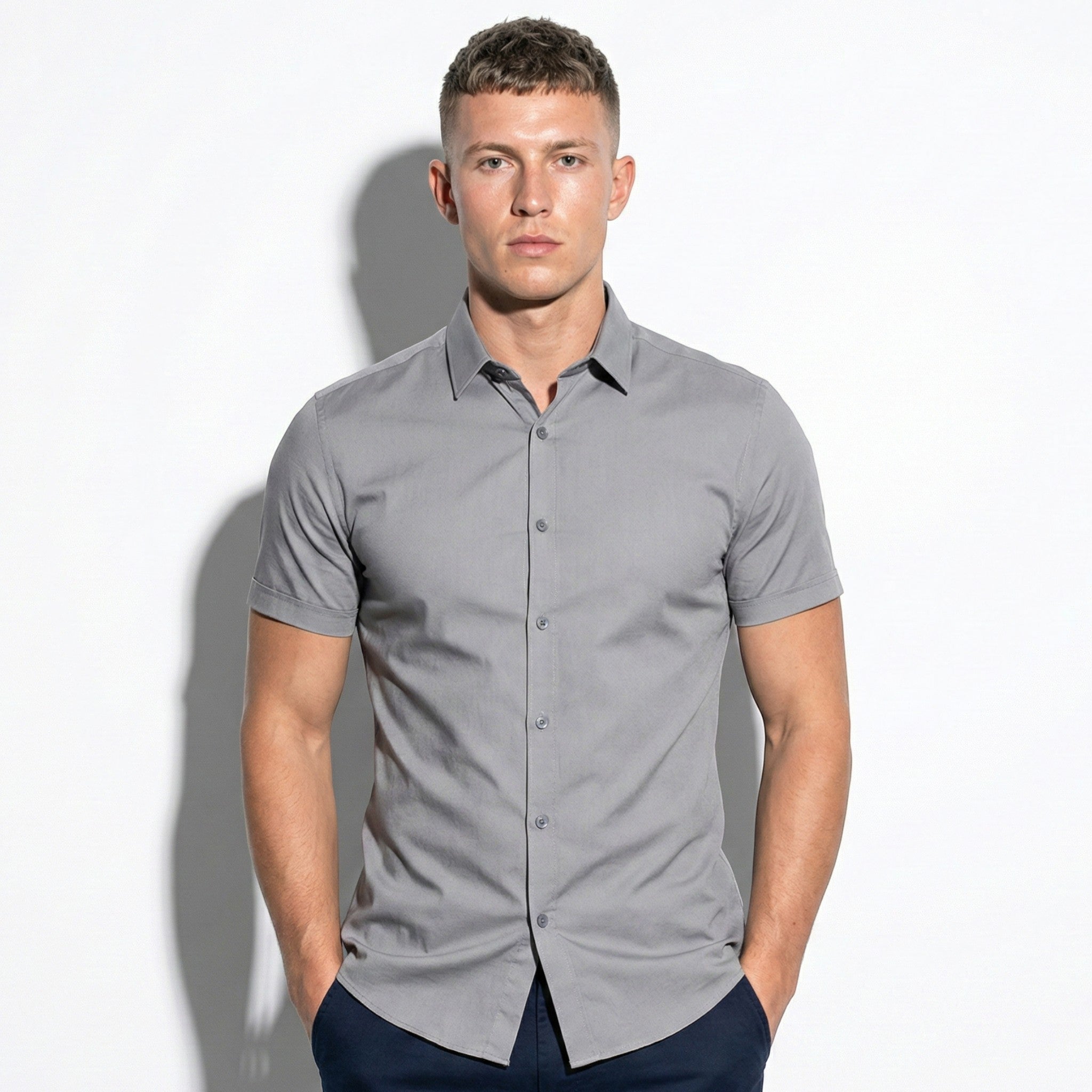Gerald - Men's Slim - Fit Short Sleeve Shirt with Button Front - Shirts - Grey - Jones & Smith