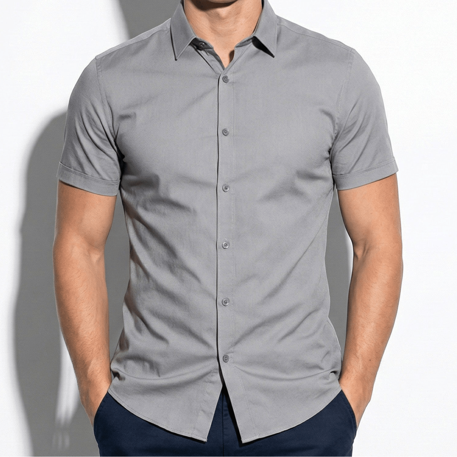 Gerald - Men's Slim - Fit Short Sleeve Shirt with Button Front - Shirts - Grey - Jones & Smith