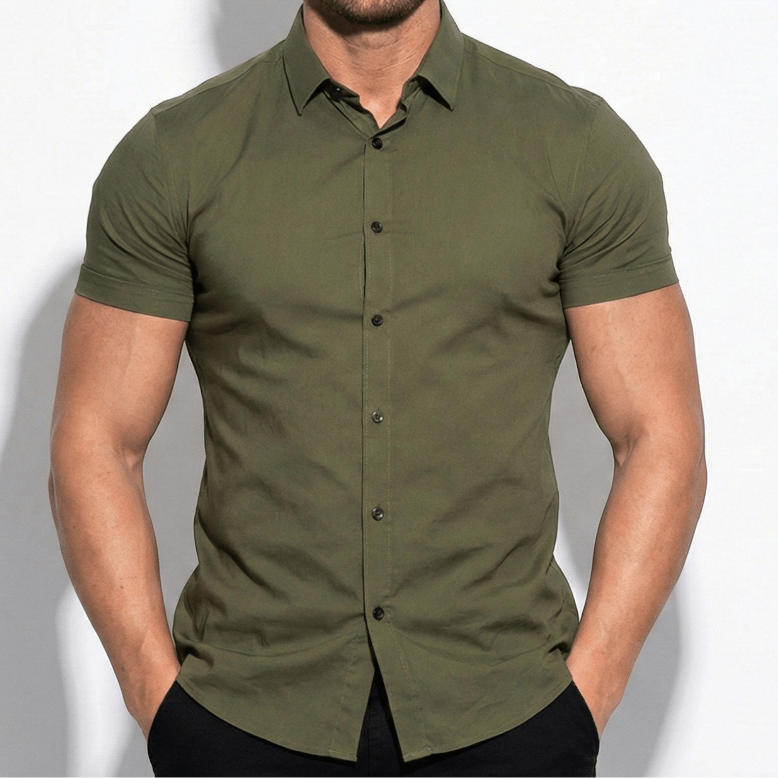 Gerald - Men's Slim - Fit Short Sleeve Shirt with Button Front - Shirts - Army Green - Jones & Smith