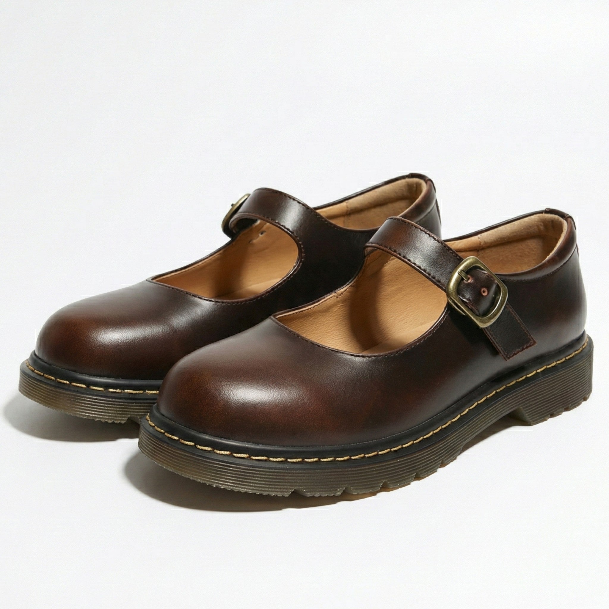 Grace - Women's Buckle Strap Mary Jane Shoes with Square Heel - Shoes - Brown - Jones & Smith