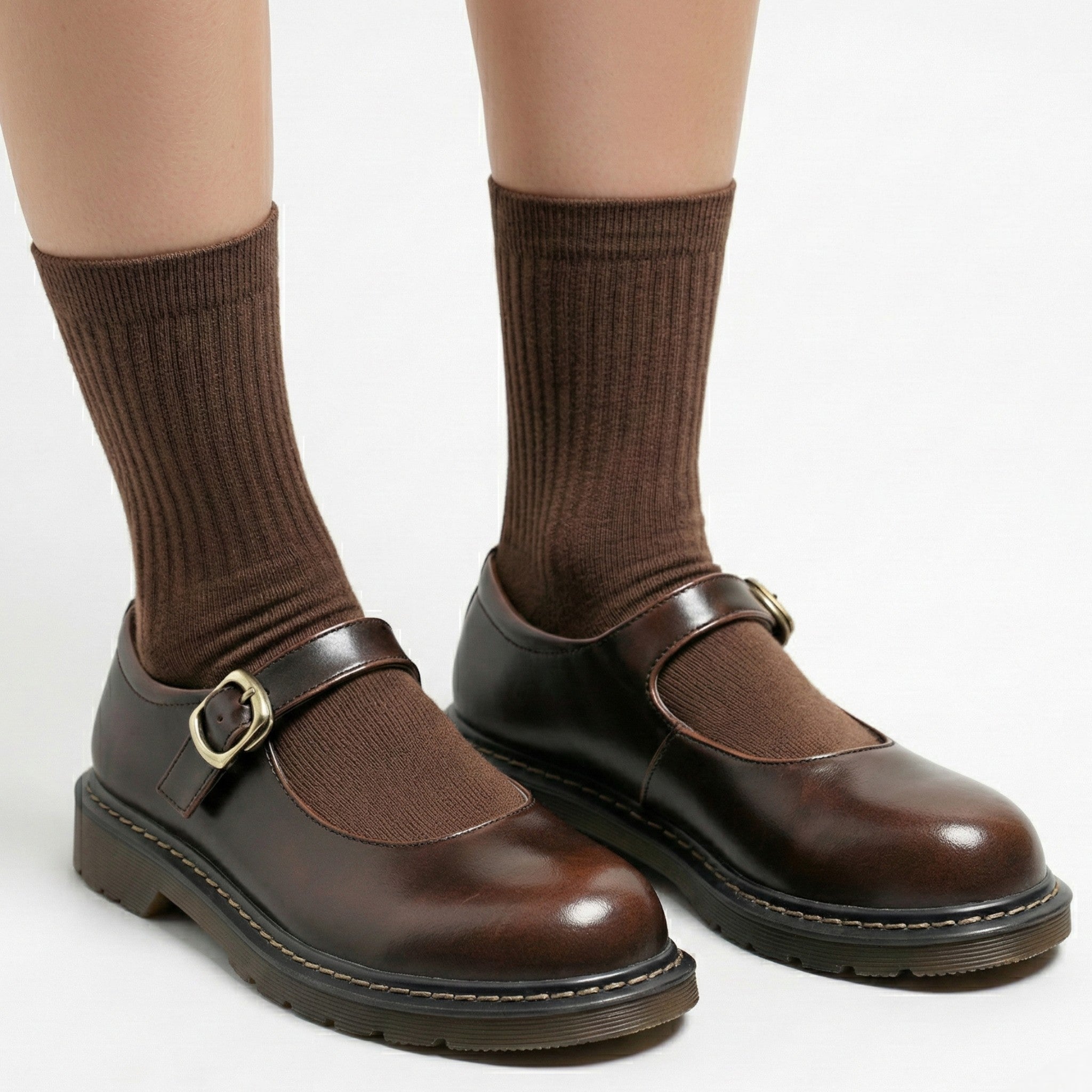 Grace - Women's Buckle Strap Mary Jane Shoes with Square Heel - Shoes - Brown - Jones & Smith