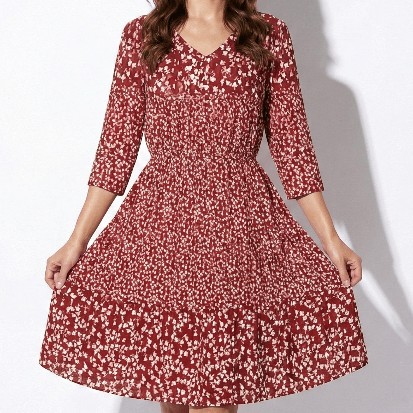 Grace - Women's Floral Print V - Neck Midi Dress - Dress - Red - Jones & Smith