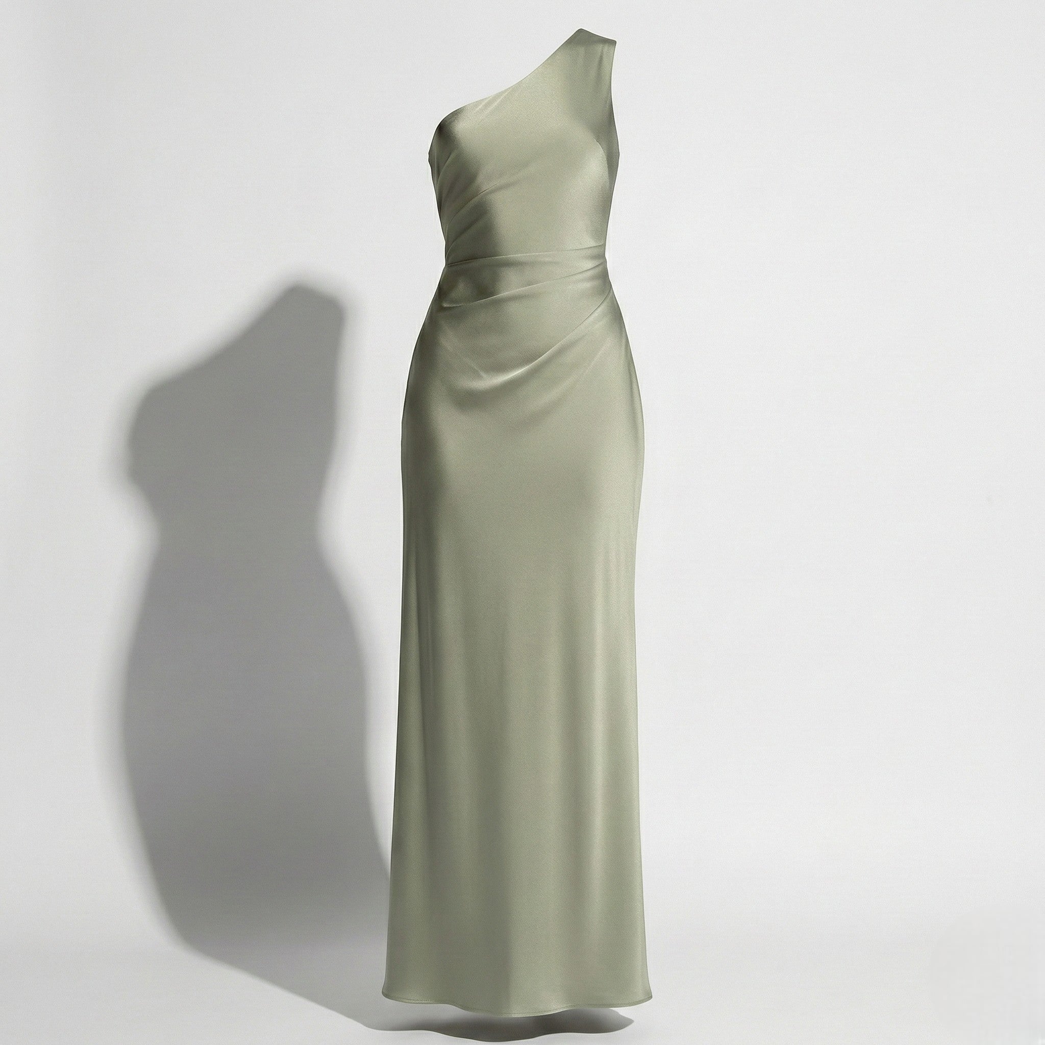 Grace - Women's One Shoulder Satin Maxi Dress with Side Slit - Dress - Green - Jones & Smith