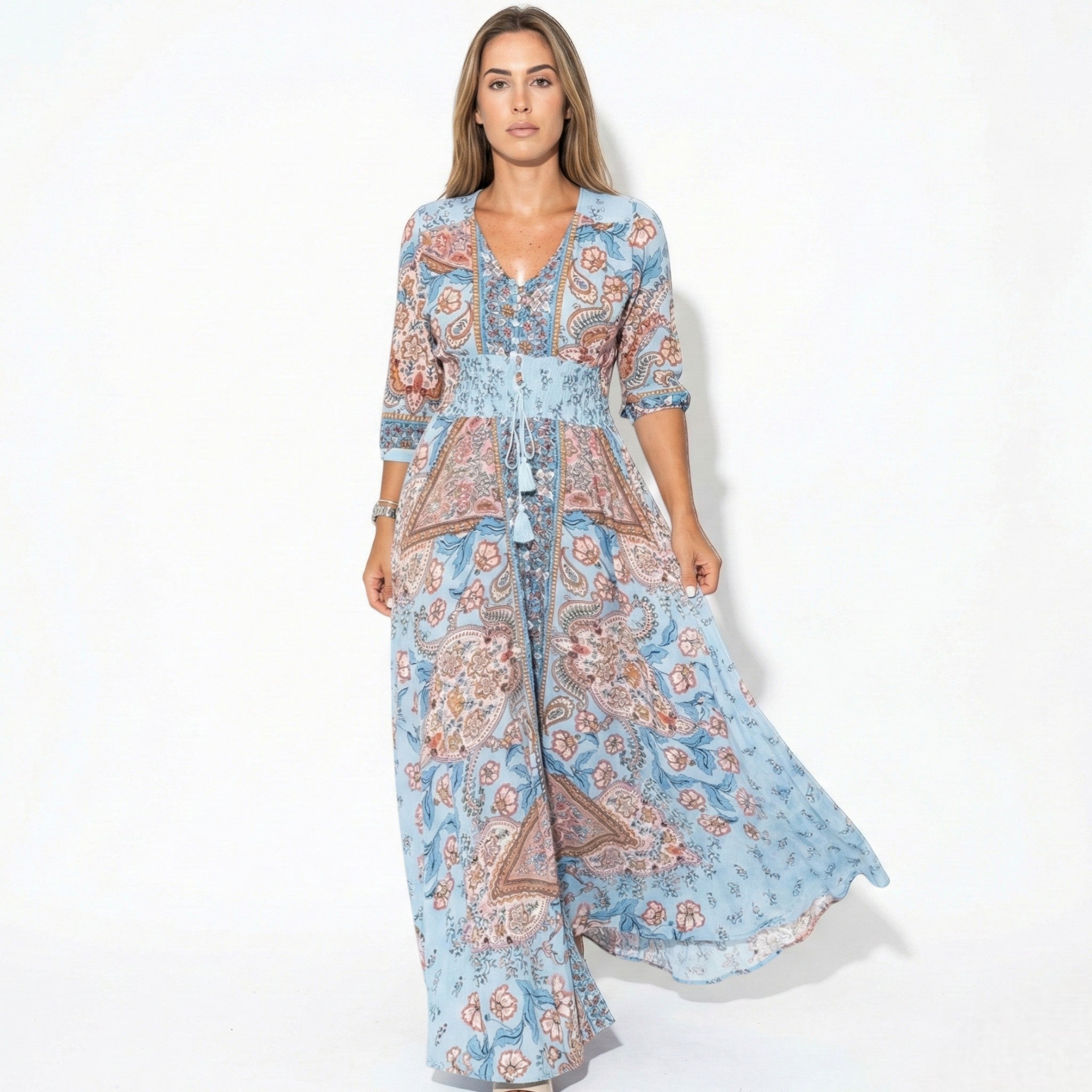 Grace - Women's Printed V - Neck Maxi Dress with 3/4 Sleeves - Dress - Blue - Jones & Smith