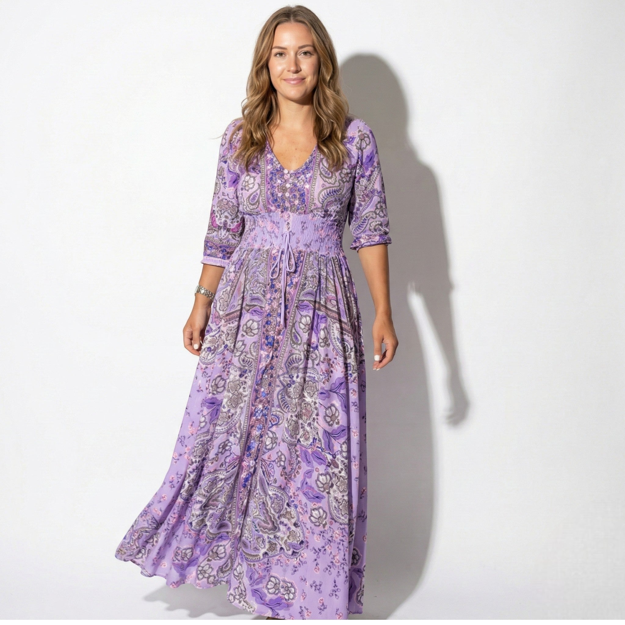 Grace - Women's Printed V - Neck Maxi Dress with 3/4 Sleeves - Dress - Purple - Jones & Smith