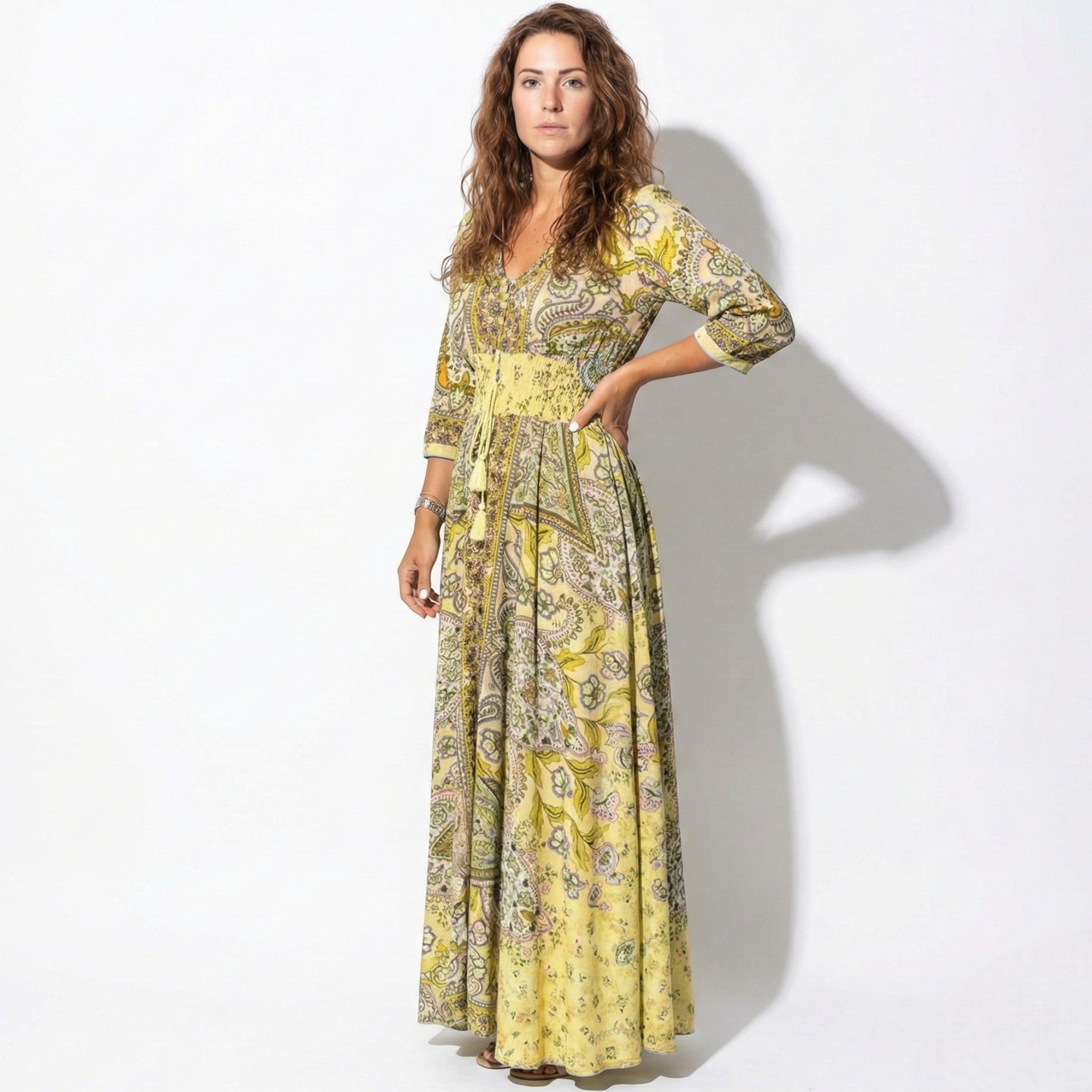 Grace - Women's Printed V - Neck Maxi Dress with 3/4 Sleeves - Dress - Yellow - Jones & Smith