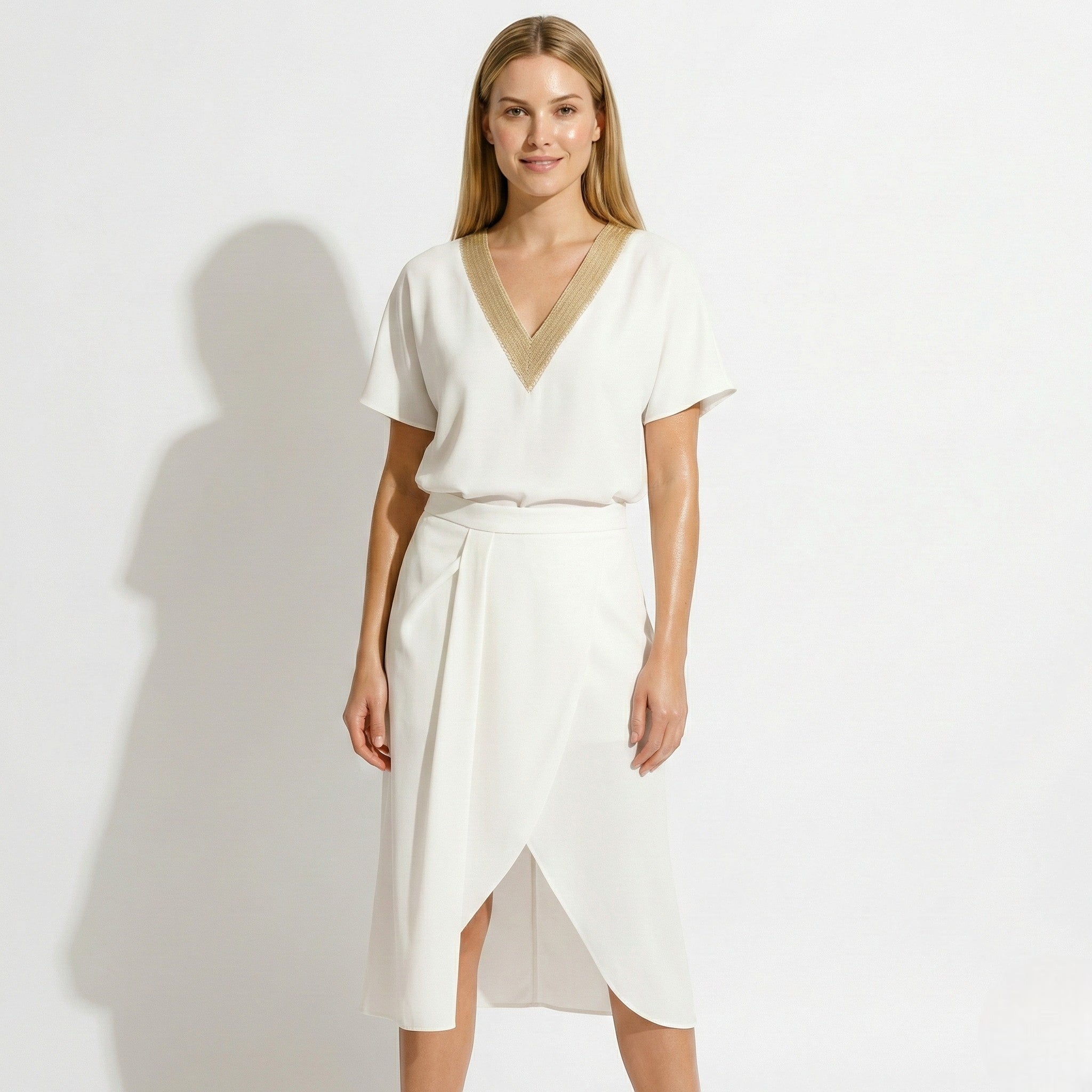 Grace - Women's V - Neck Pleated Maxi Dress - Dresses - White - Jones & Smith