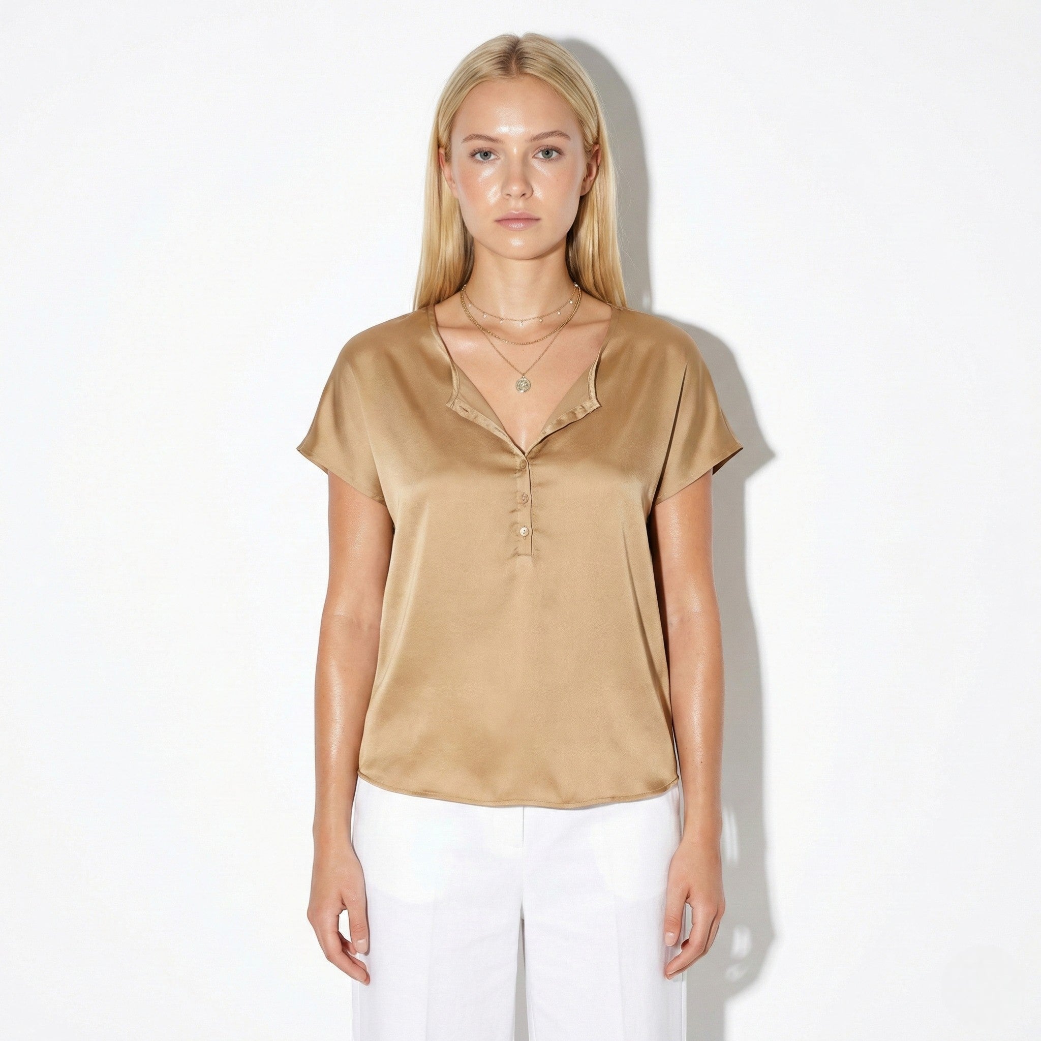 Harriet - Women's V - Neck Top with Decorative Buttons - Blouses - White - Jones & Smith