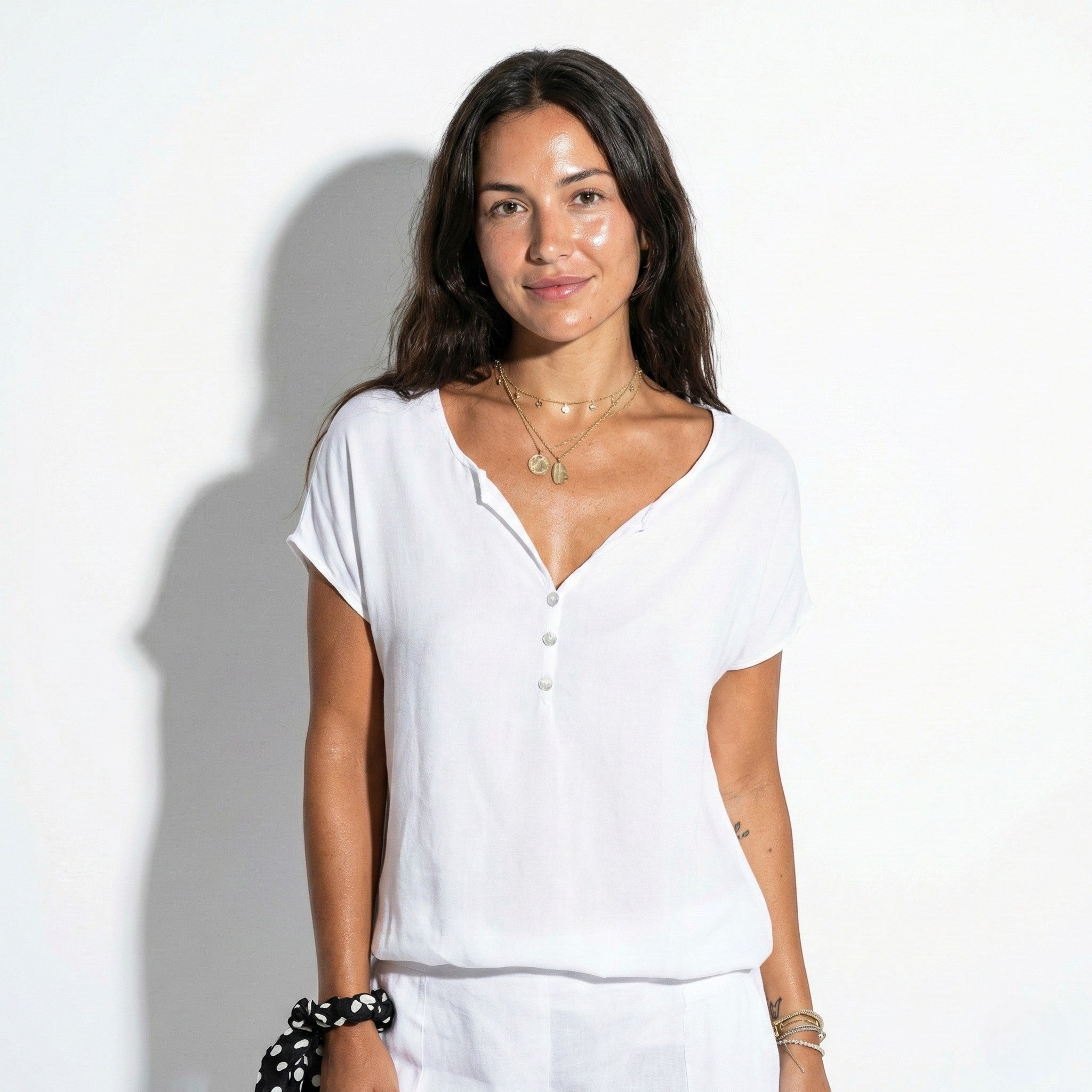 Harriet - Women's V - Neck Top with Decorative Buttons - Blouses - Grey - Jones & Smith