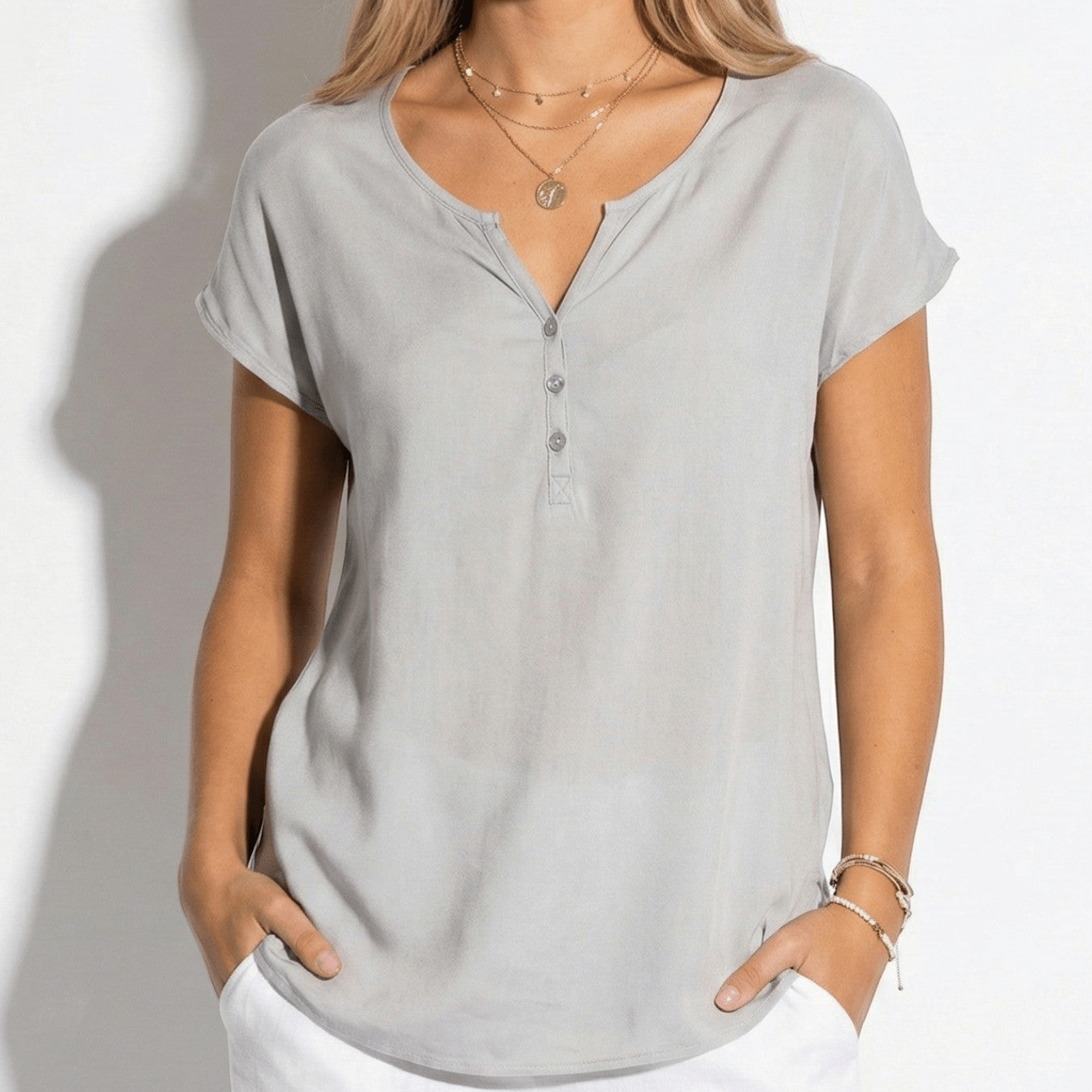 Harriet - Women's V - Neck Top with Decorative Buttons - Blouses - Grey - Jones & Smith