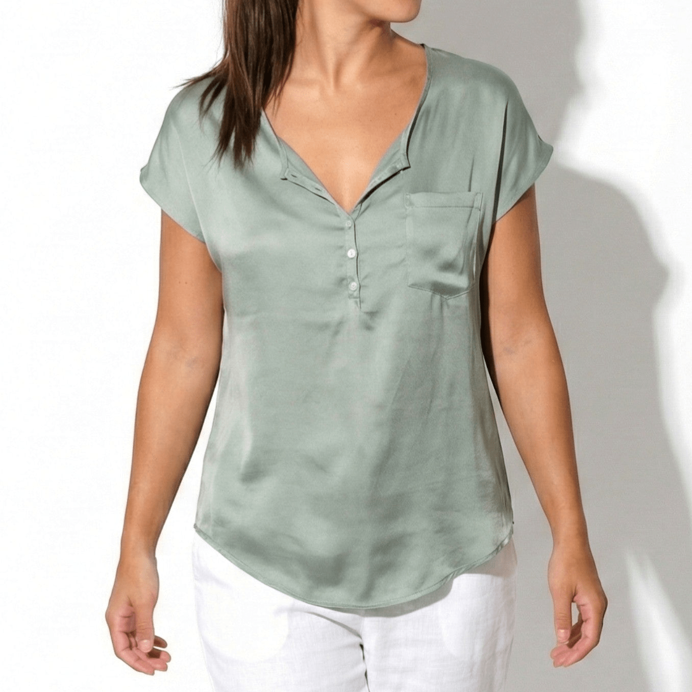 Harriet - Women's V - Neck Top with Decorative Buttons - Blouses - Green - Jones & Smith
