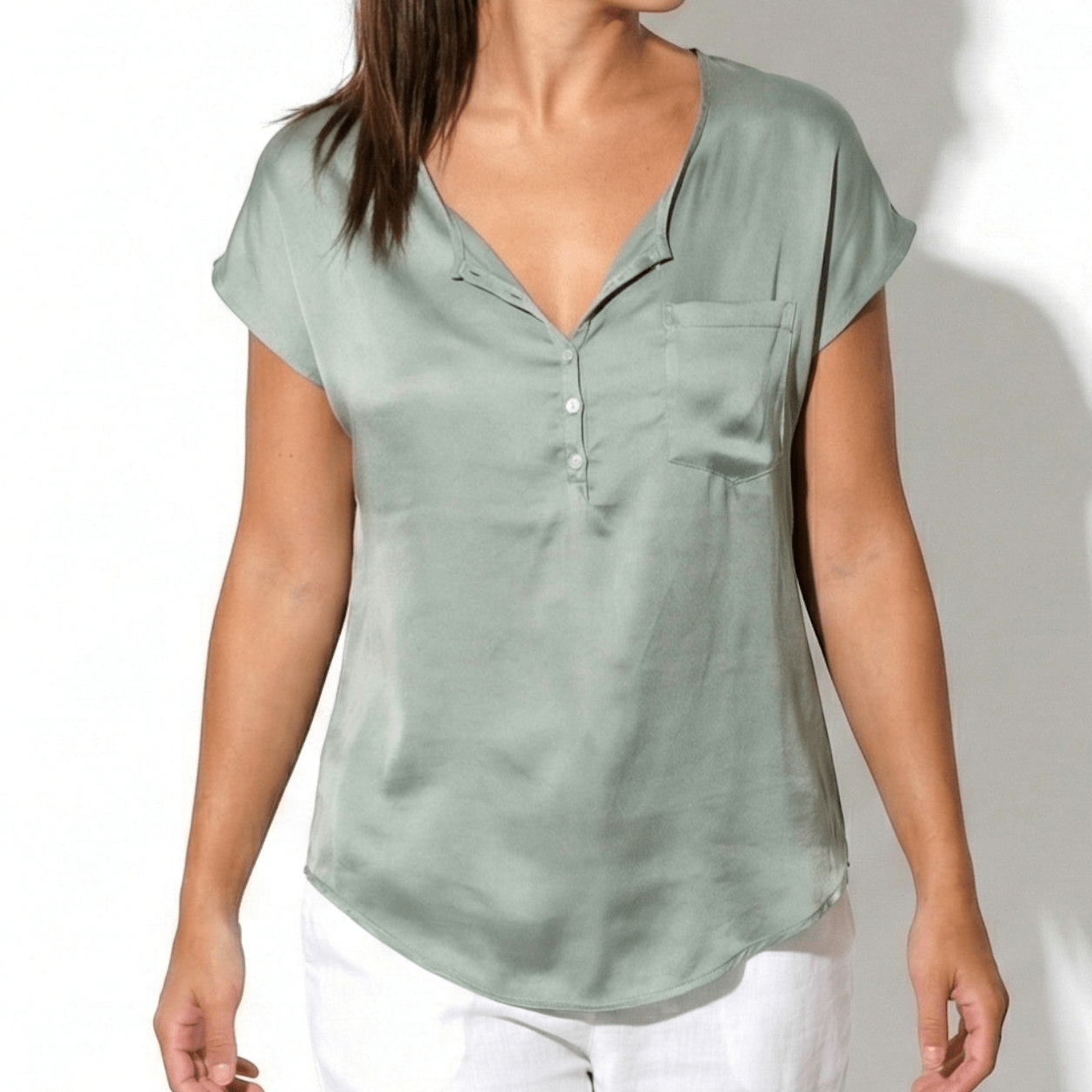 Harriet - Women's V - Neck Top with Decorative Buttons - Blouses - Grey - Jones & Smith