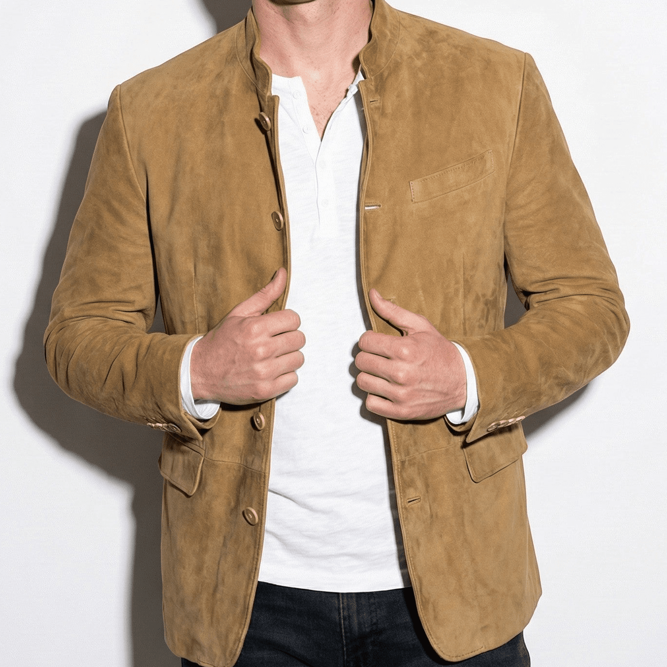 Henry - Men's Blazer with Mandarin Collar - Coats - Khaki - Jones & Smith