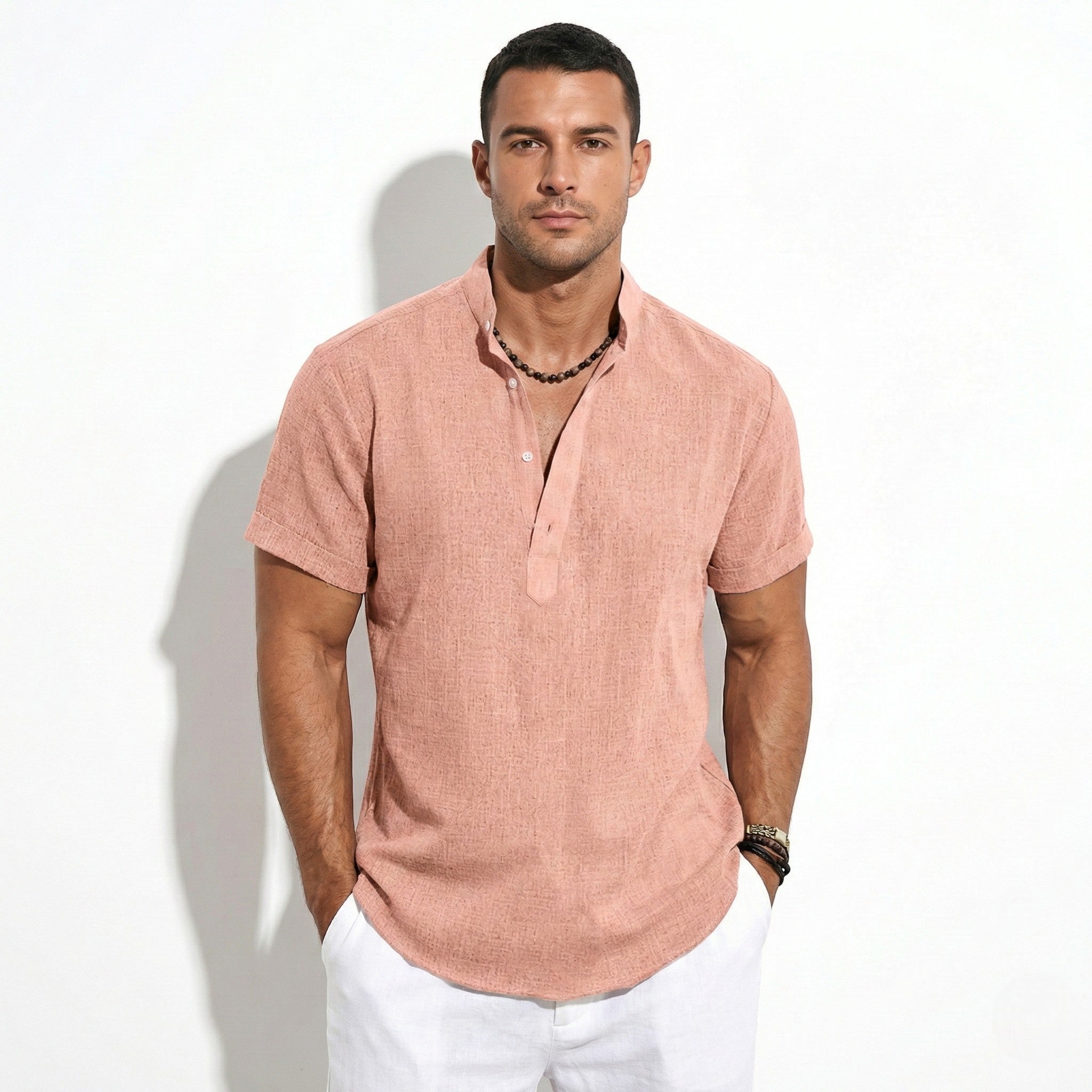 Henry - Men's Short Sleeve Henley Shirt with Relaxed Fit - Shirts - Pink - Jones & Smith
