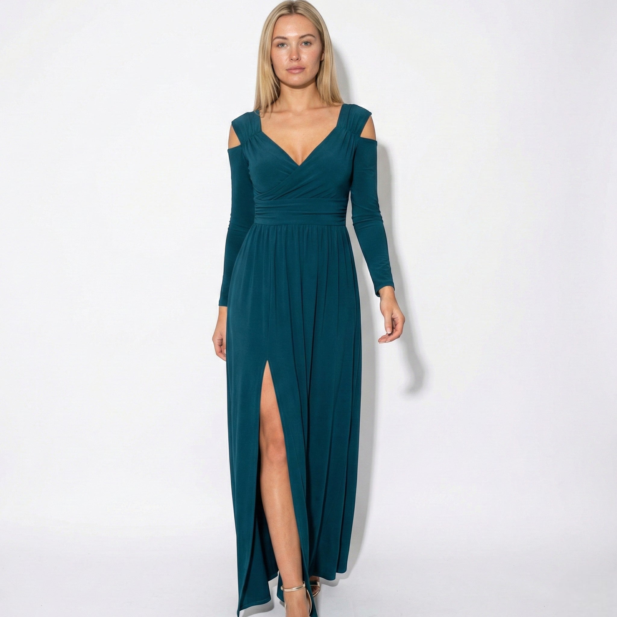 Holly - Women's Cold Shoulder Maxi Dress with Side Slit - Dress - Green - Jones & Smith