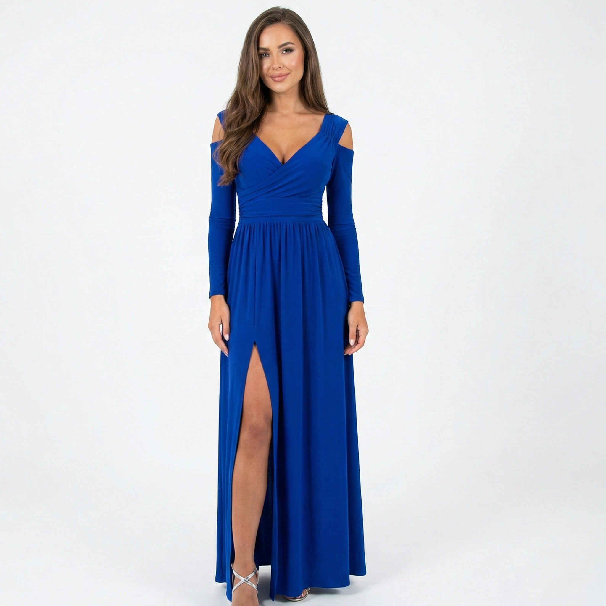Holly - Women's Cold Shoulder Maxi Dress with Side Slit - Dress - Blue - Jones & Smith