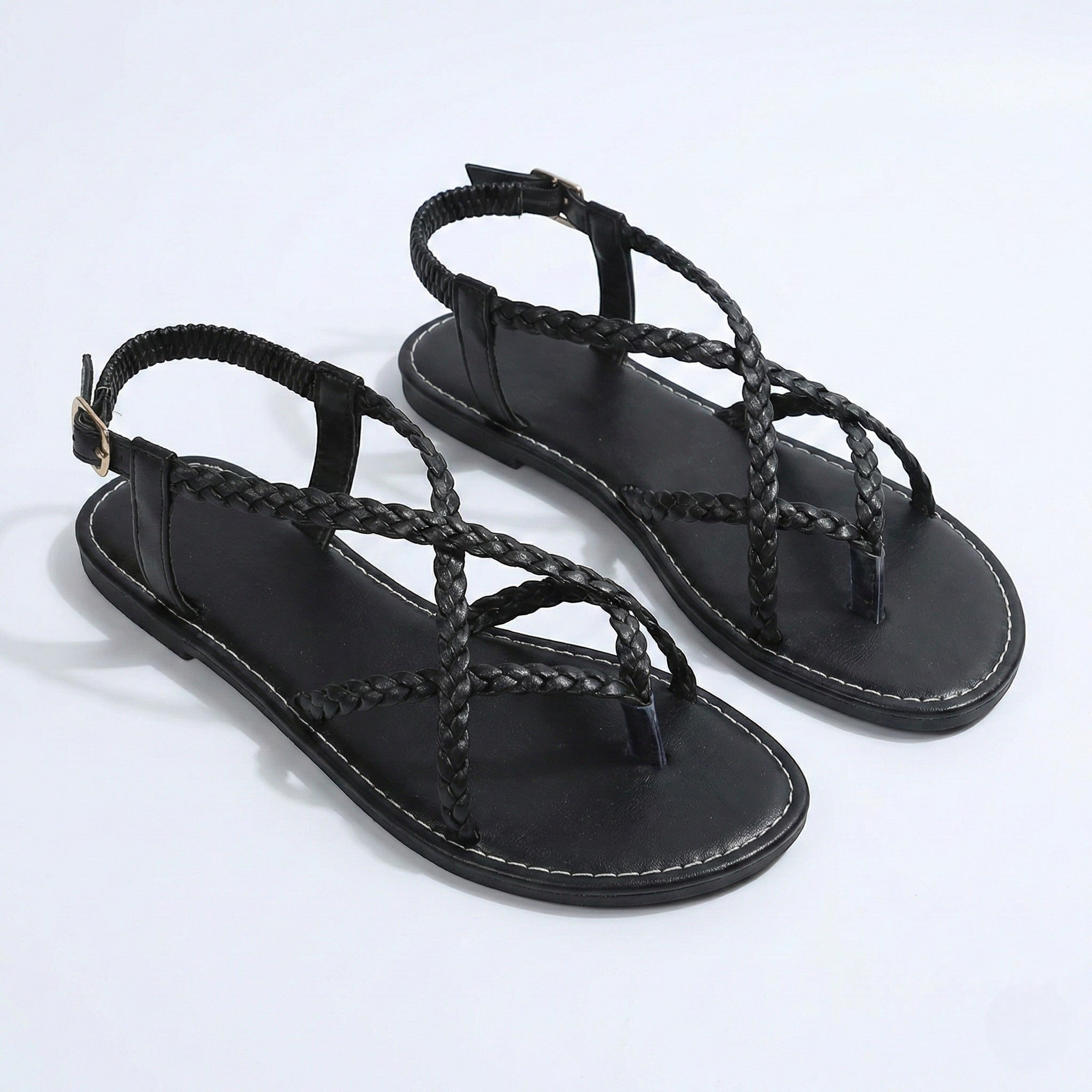 Imogen - Women's Flat Braided Strappy Sandals - Sandals - Black - Jones & Smith