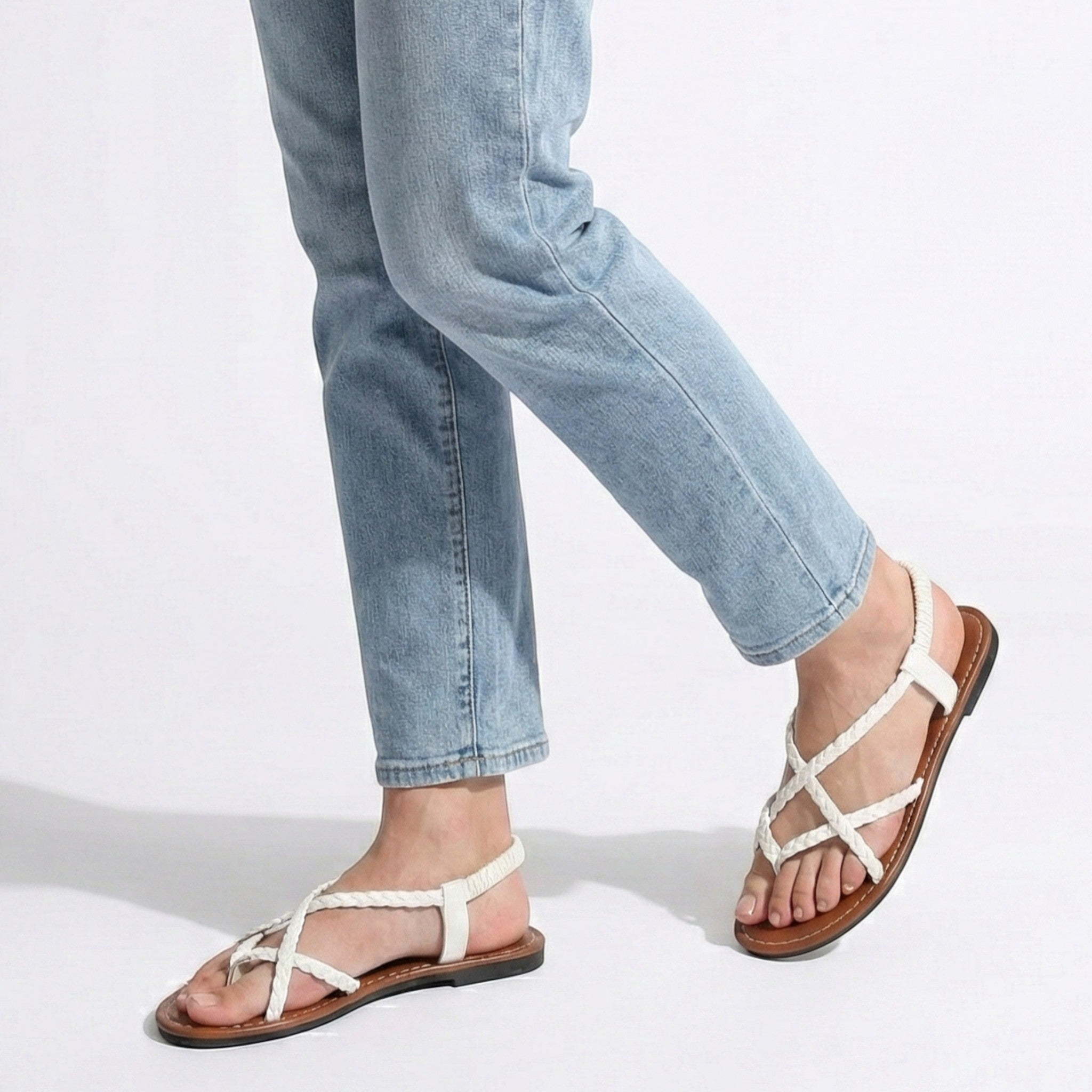 Imogen - Women's Flat Braided Strappy Sandals - Sandals - White - Jones & Smith