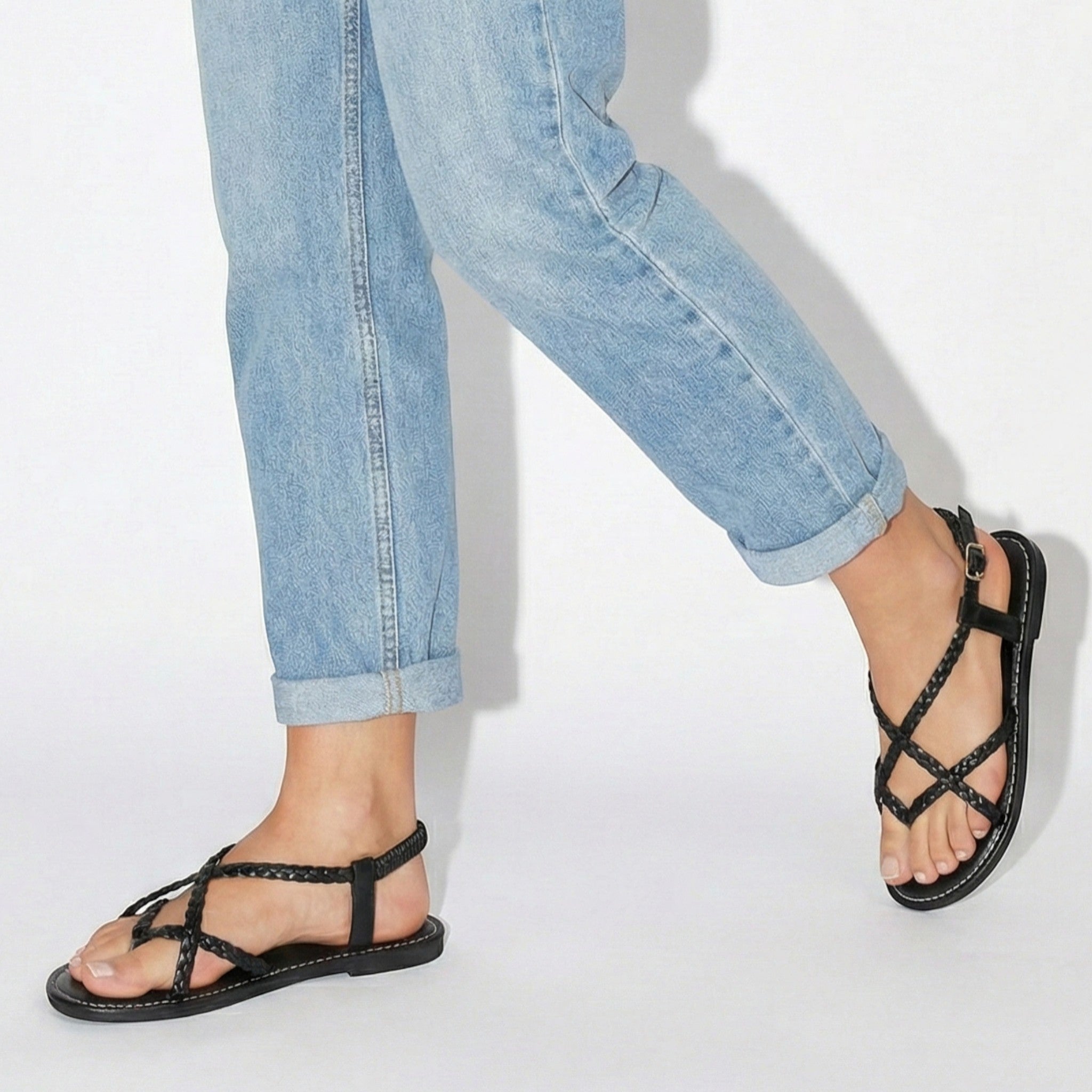 Imogen - Women's Flat Braided Strappy Sandals - Sandals - Black - Jones & Smith