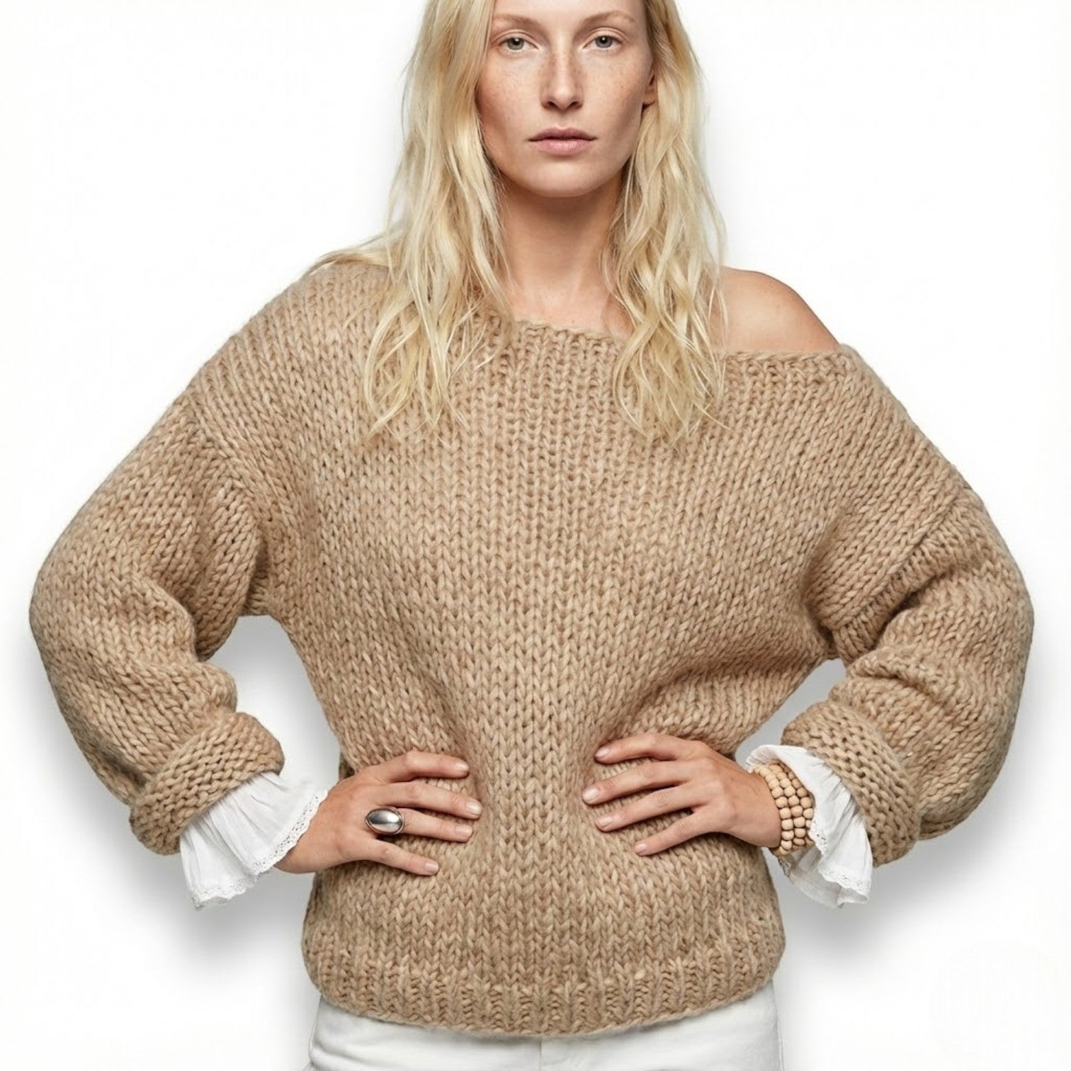 Inès – Women's Wool Chunky Knit Jumper - Sweater - Khaki - Jones & Smith