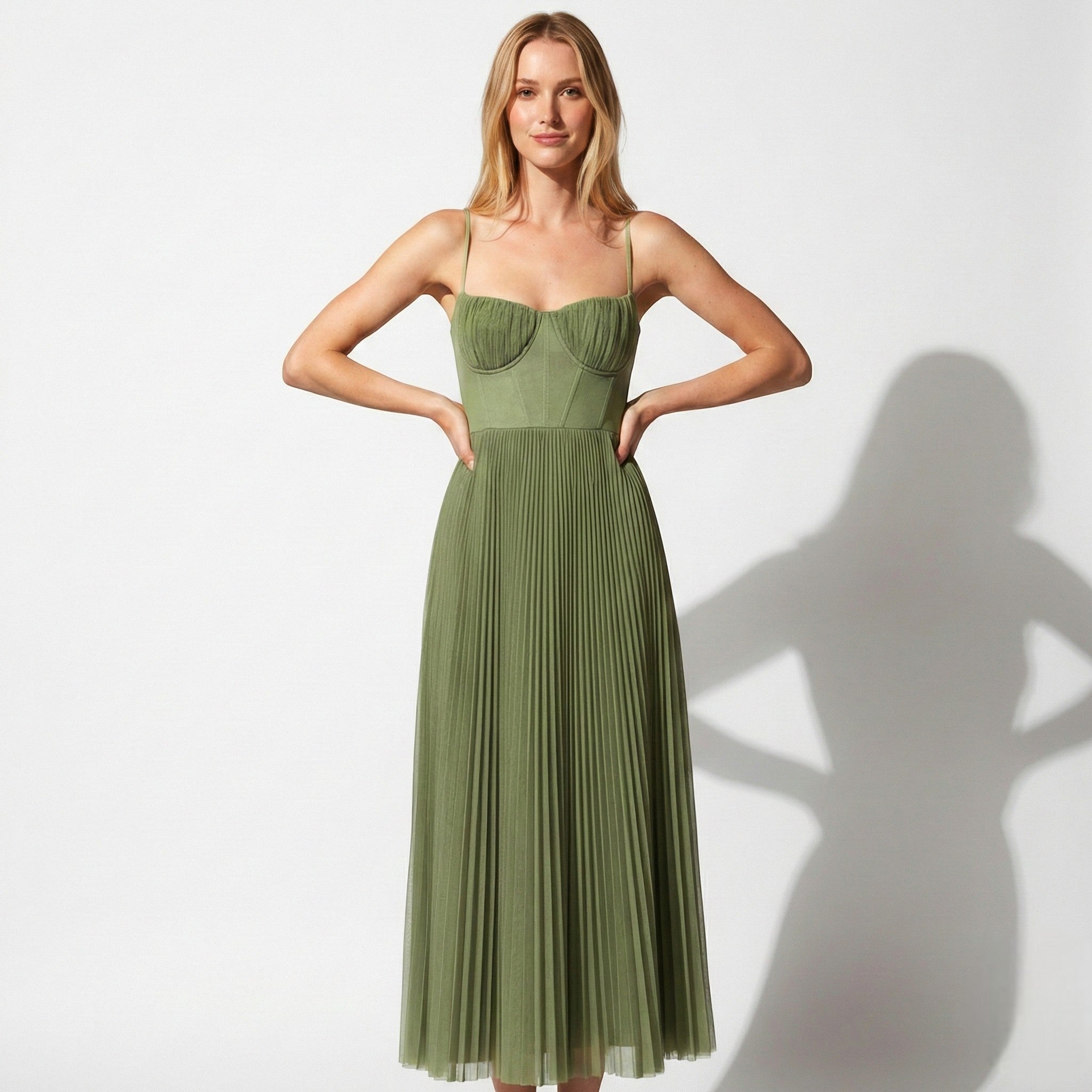 Isabella - Women's Pleated Corset Midi Dress with Spaghetti Straps - Dresses - Green - Jones & Smith