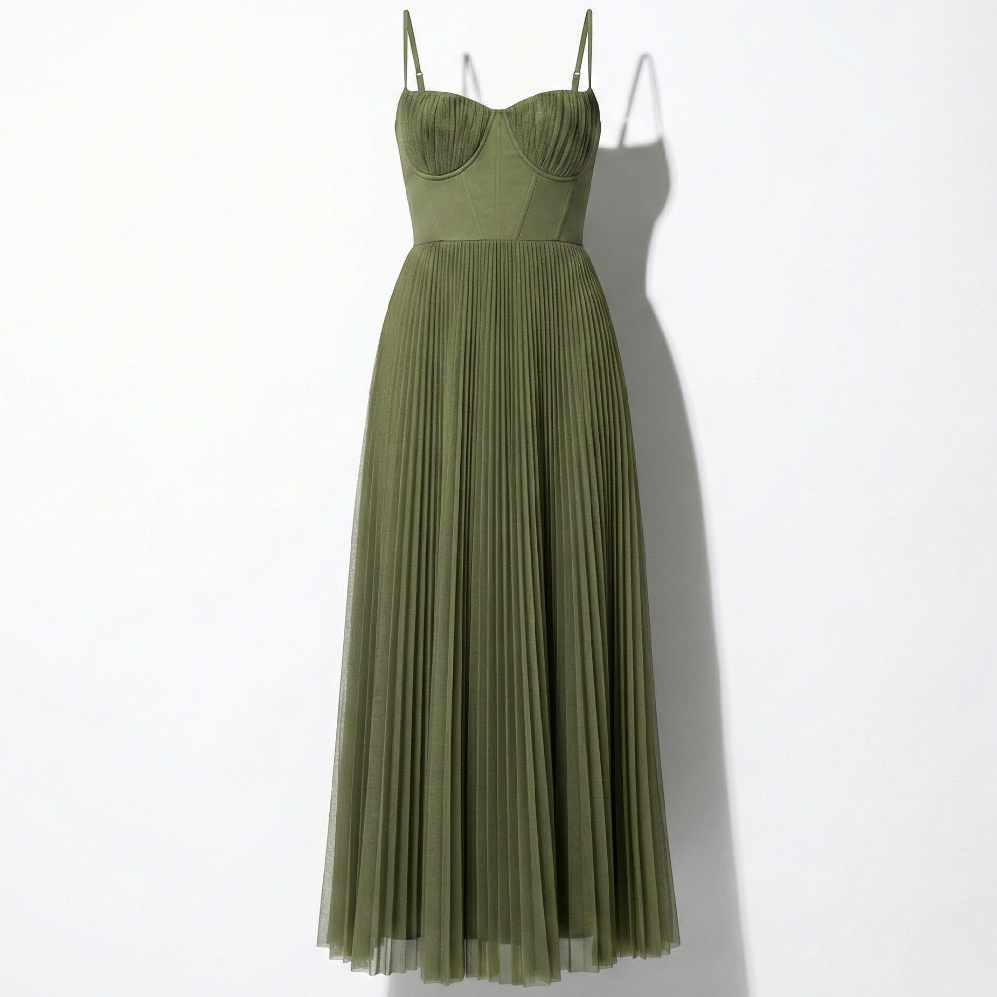 Isabella - Women's Pleated Corset Midi Dress with Spaghetti Straps - Dresses - Green - Jones & Smith