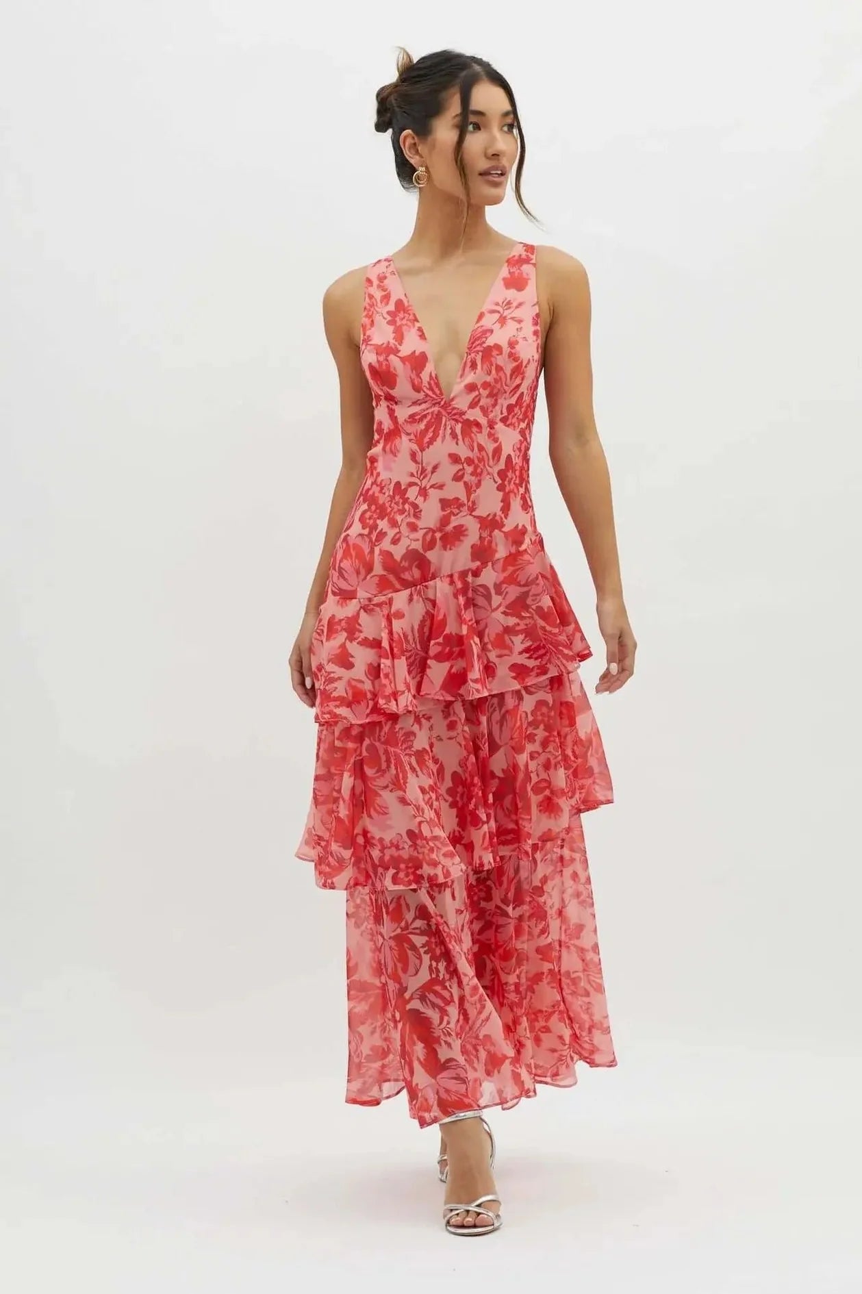 Ivy - Women's Floral Tiered Maxi Dress with V - Neckline - Dresses - Red - Jones & Smith