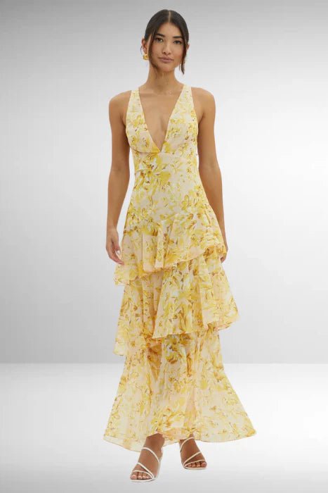 Ivy - Women's Floral Tiered Maxi Dress with V - Neckline - Dresses - Yellow - Jones & Smith