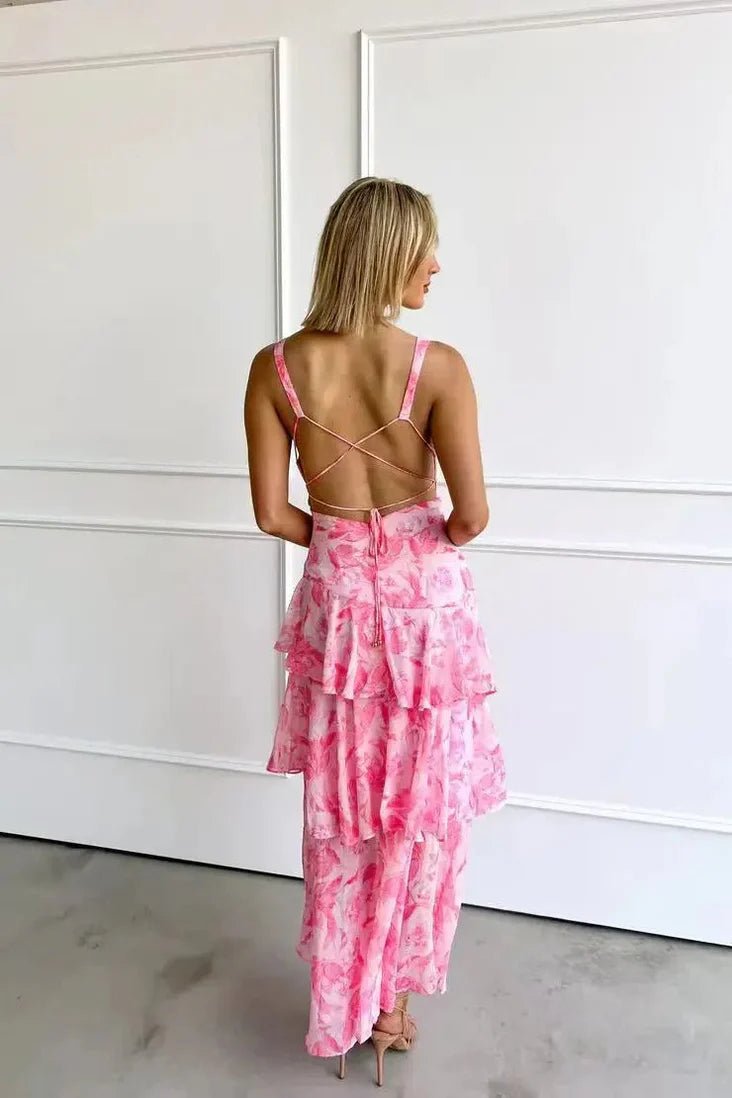 Ivy - Women's Floral Tiered Maxi Dress with V - Neckline - Dresses - Pink - Jones & Smith