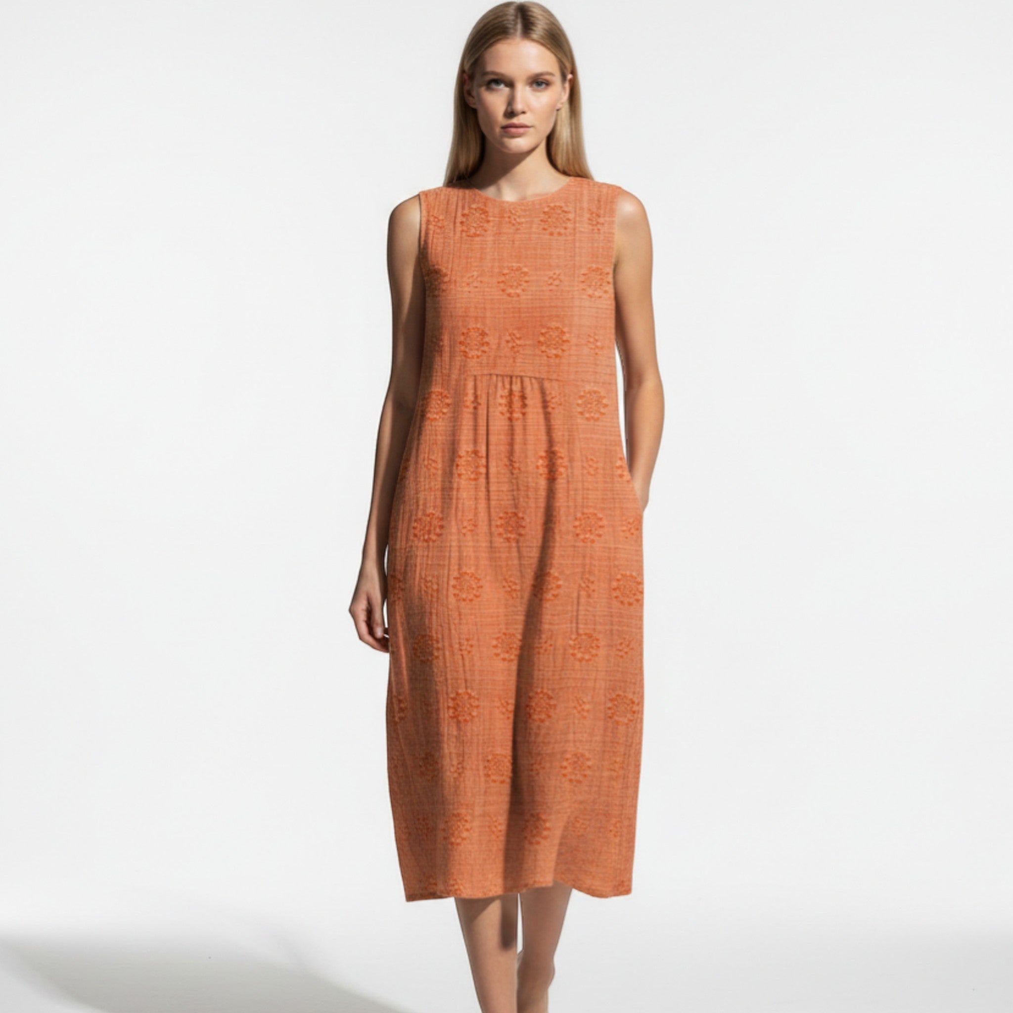 Ivy - Women's Sleeveless Midi Dress with Floral Embroidery - Dress - Orange - Jones & Smith