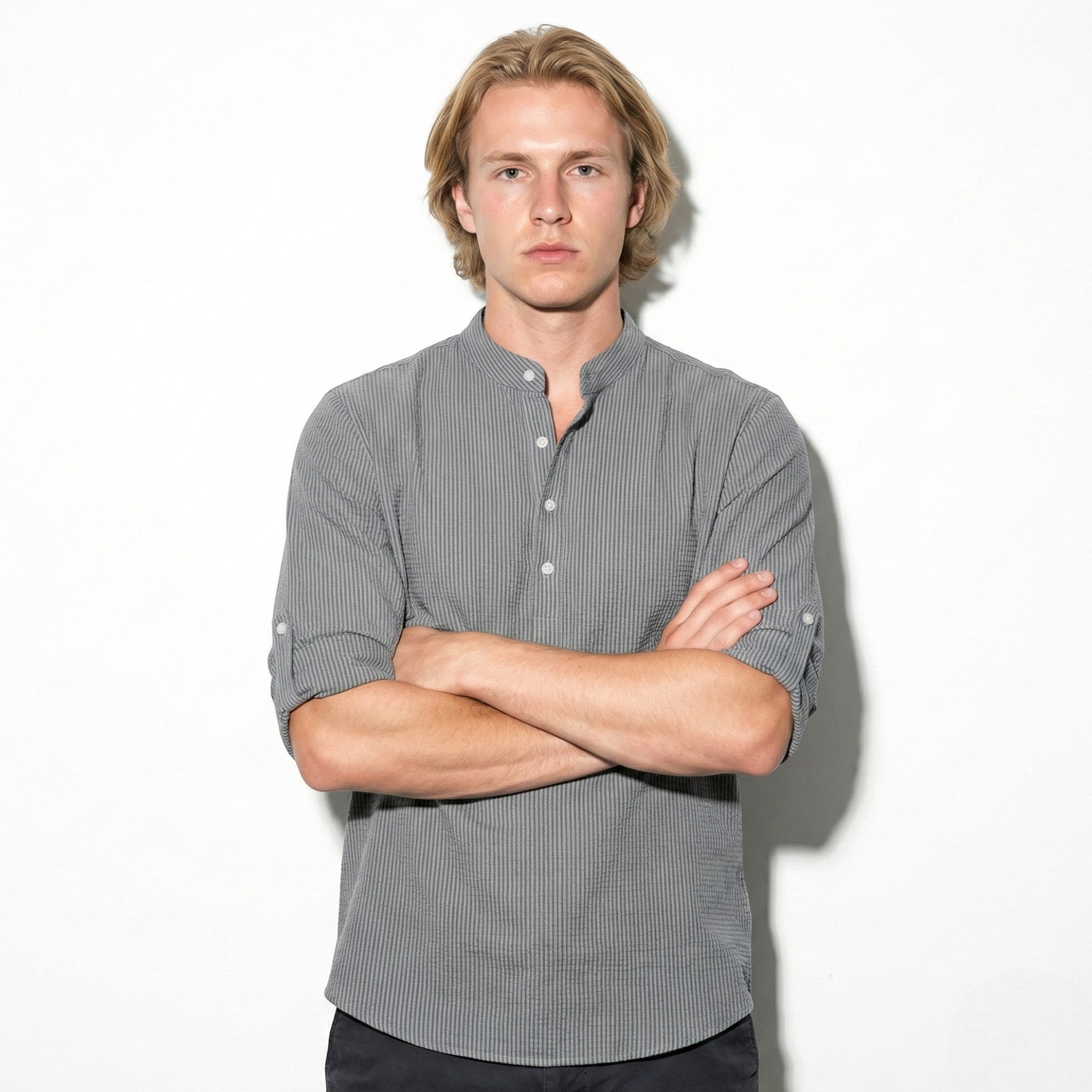 Jack - Men's Striped Henley Shirt with Roll - Up Sleeves - Shirt - Grey - Jones & Smith