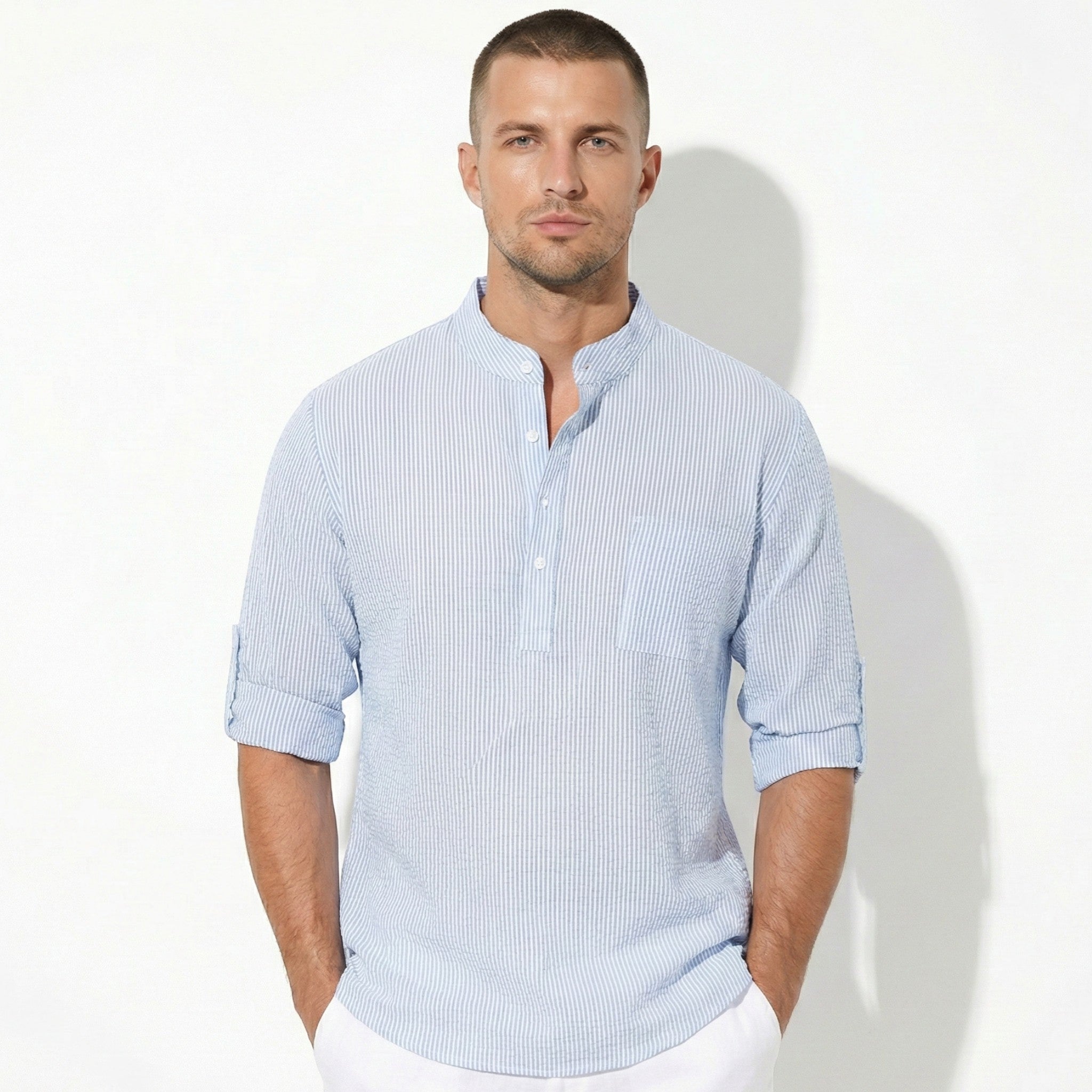Jack - Men's Striped Henley Shirt with Roll - Up Sleeves - Shirt - Blue - Jones & Smith