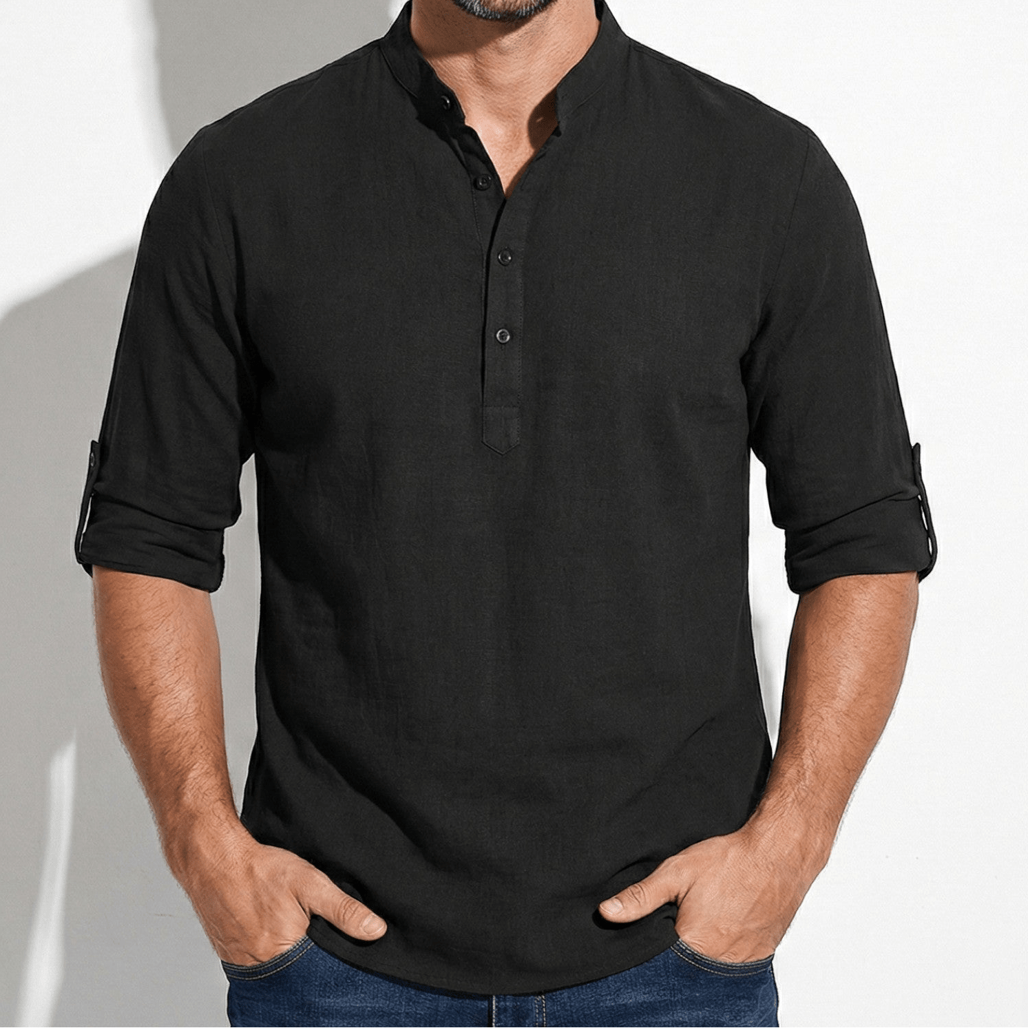Jack - Men's Striped Henley Shirt with Roll - Up Sleeves - Shirt - Black - Jones & Smith