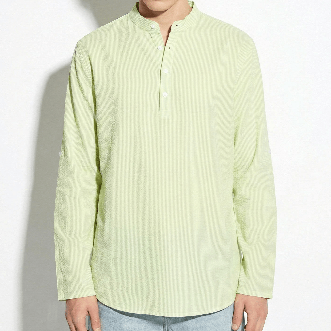 Jack - Men's Striped Henley Shirt with Roll - Up Sleeves - Shirt - Light Green - Jones & Smith