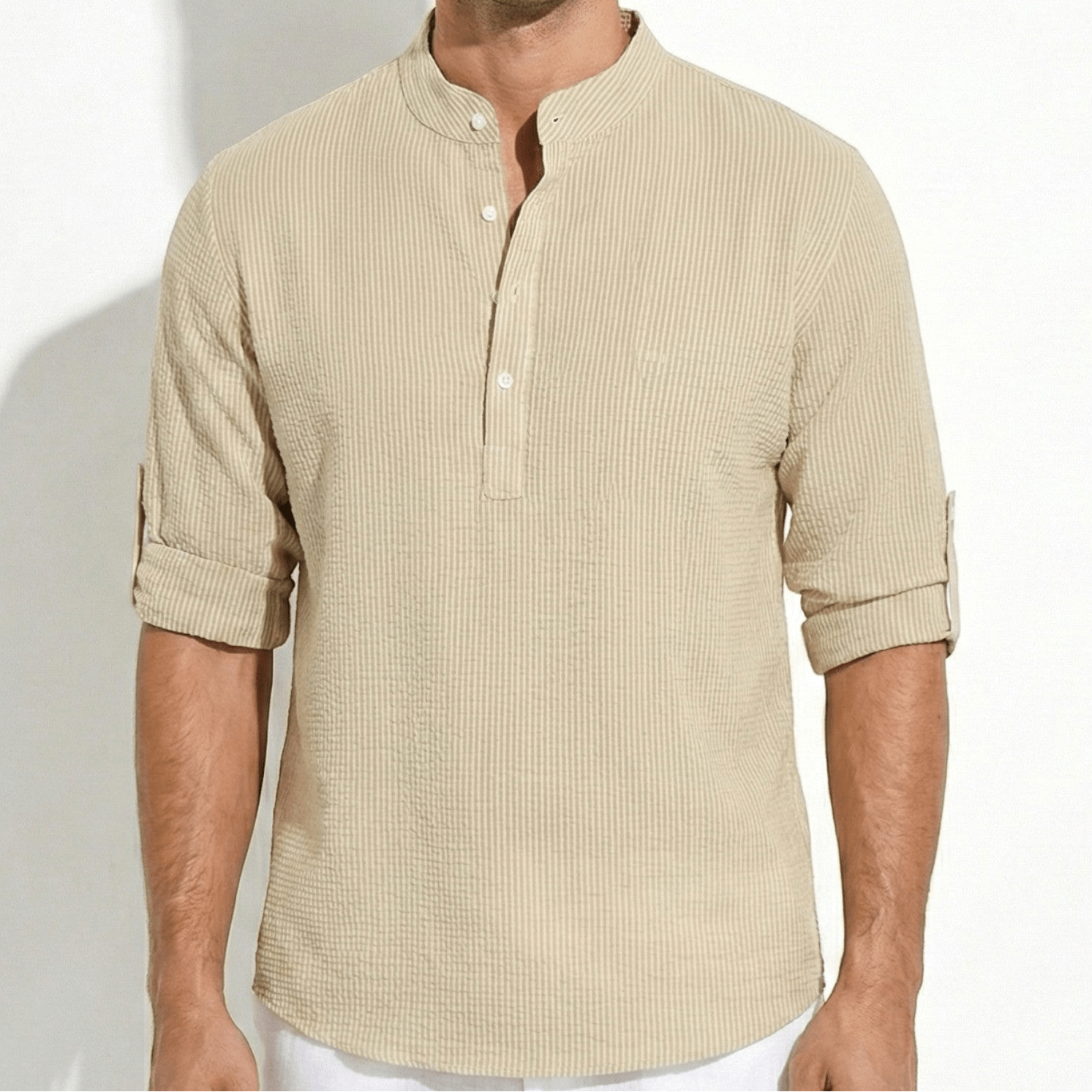 Jack - Men's Striped Henley Shirt with Roll - Up Sleeves - Shirt - Beige - Jones & Smith