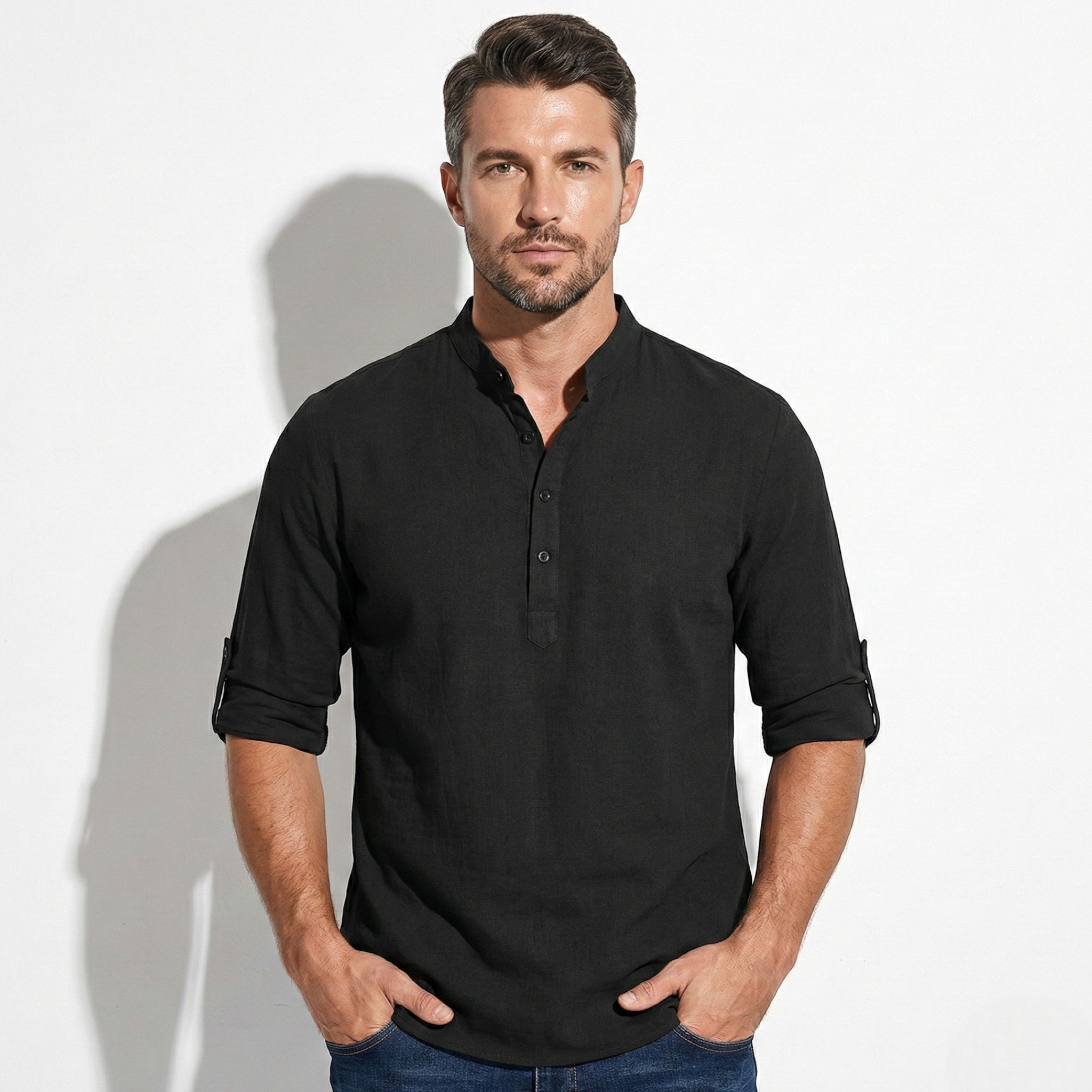 Jack - Men's Striped Henley Shirt with Roll - Up Sleeves - Shirt - Black - Jones & Smith