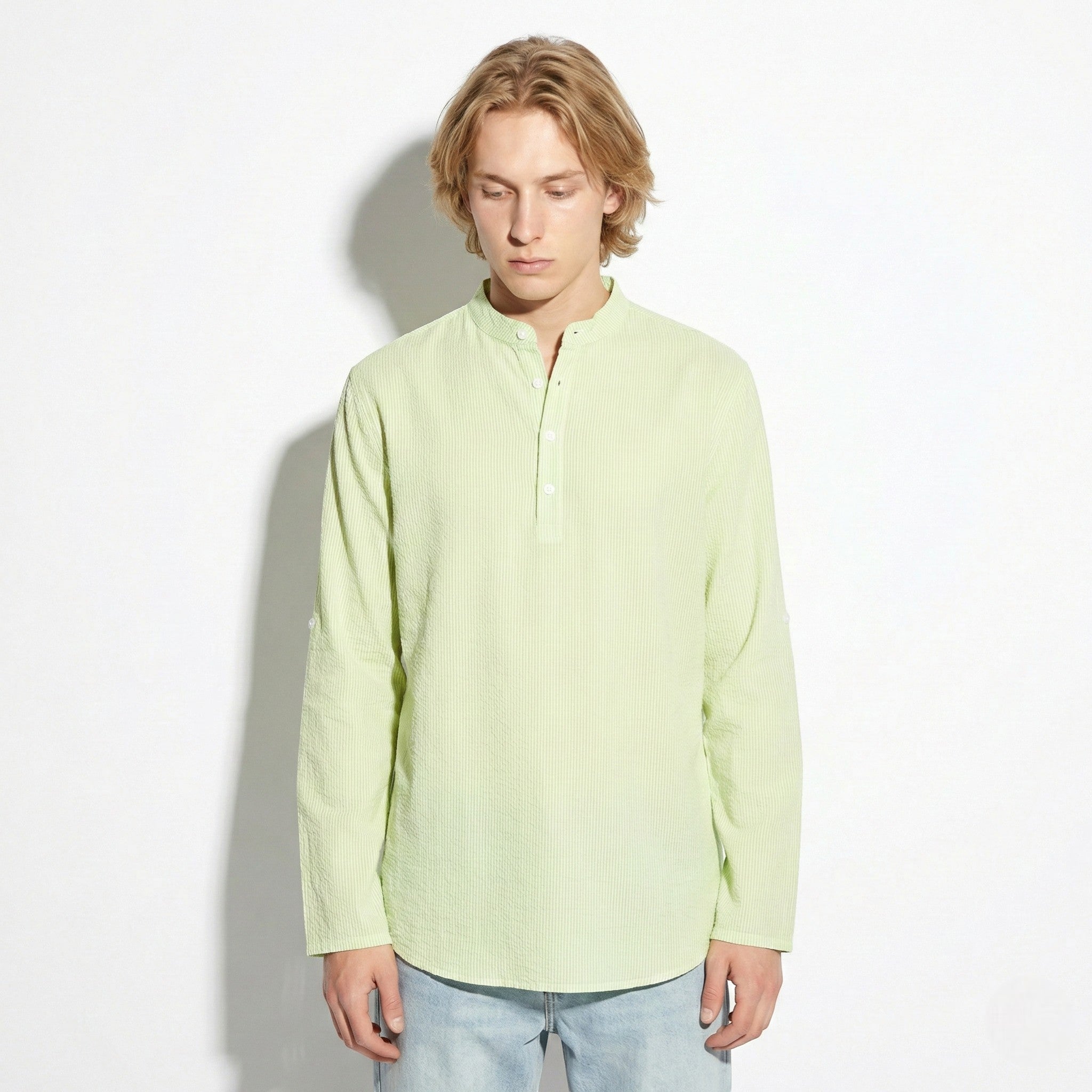 Jack - Men's Striped Henley Shirt with Roll - Up Sleeves - Shirt - Light Green - Jones & Smith