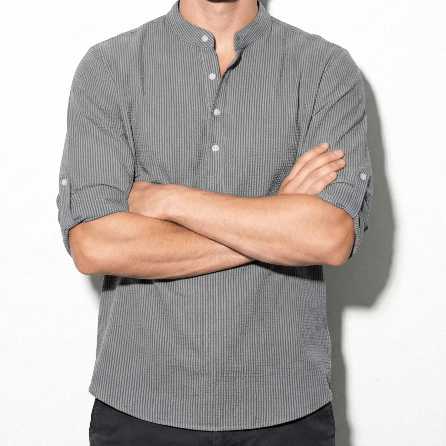 Jack - Men's Striped Henley Shirt with Roll - Up Sleeves - Shirt - Grey - Jones & Smith