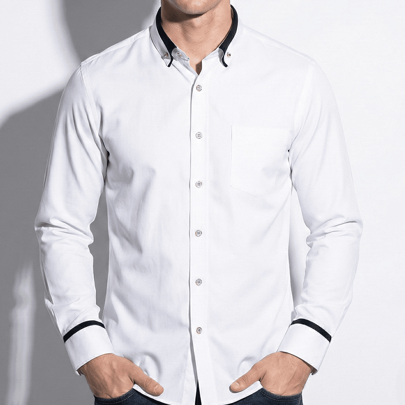 Jack - Men’s Wrinkle - Free Stretch Shirt with Stand - Up Collar - Tops, T-shirts & Shirts - White - Jones & Smith
