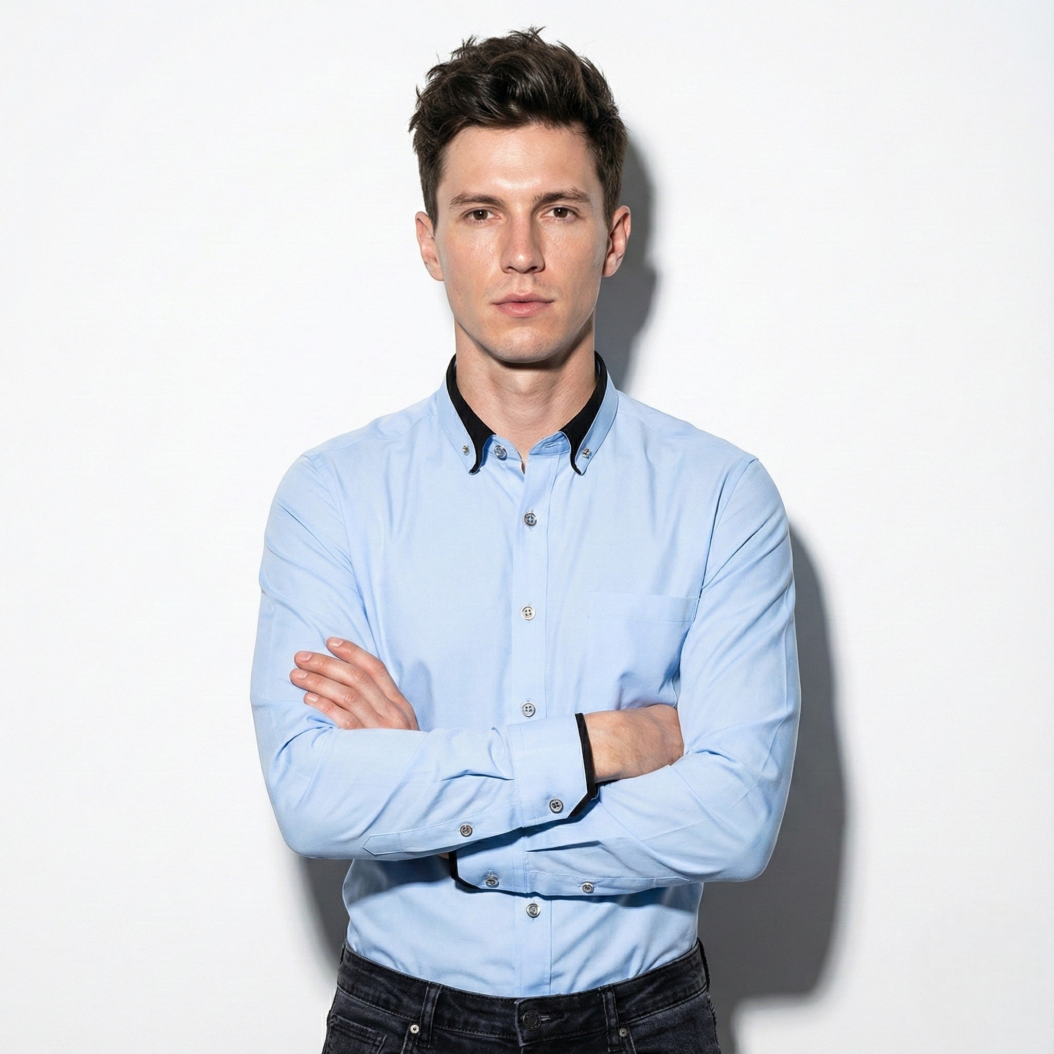 Jack - Men’s Wrinkle - Free Stretch Shirt with Stand - Up Collar - Tops, T-shirts & Shirts - Light Blue - Jones & Smith