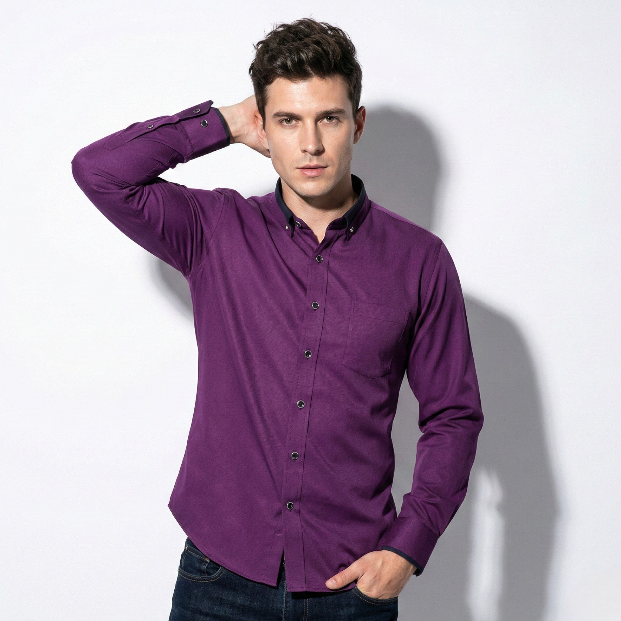 Jack - Men’s Wrinkle - Free Stretch Shirt with Stand - Up Collar - Tops, T-shirts & Shirts - Purple - Jones & Smith