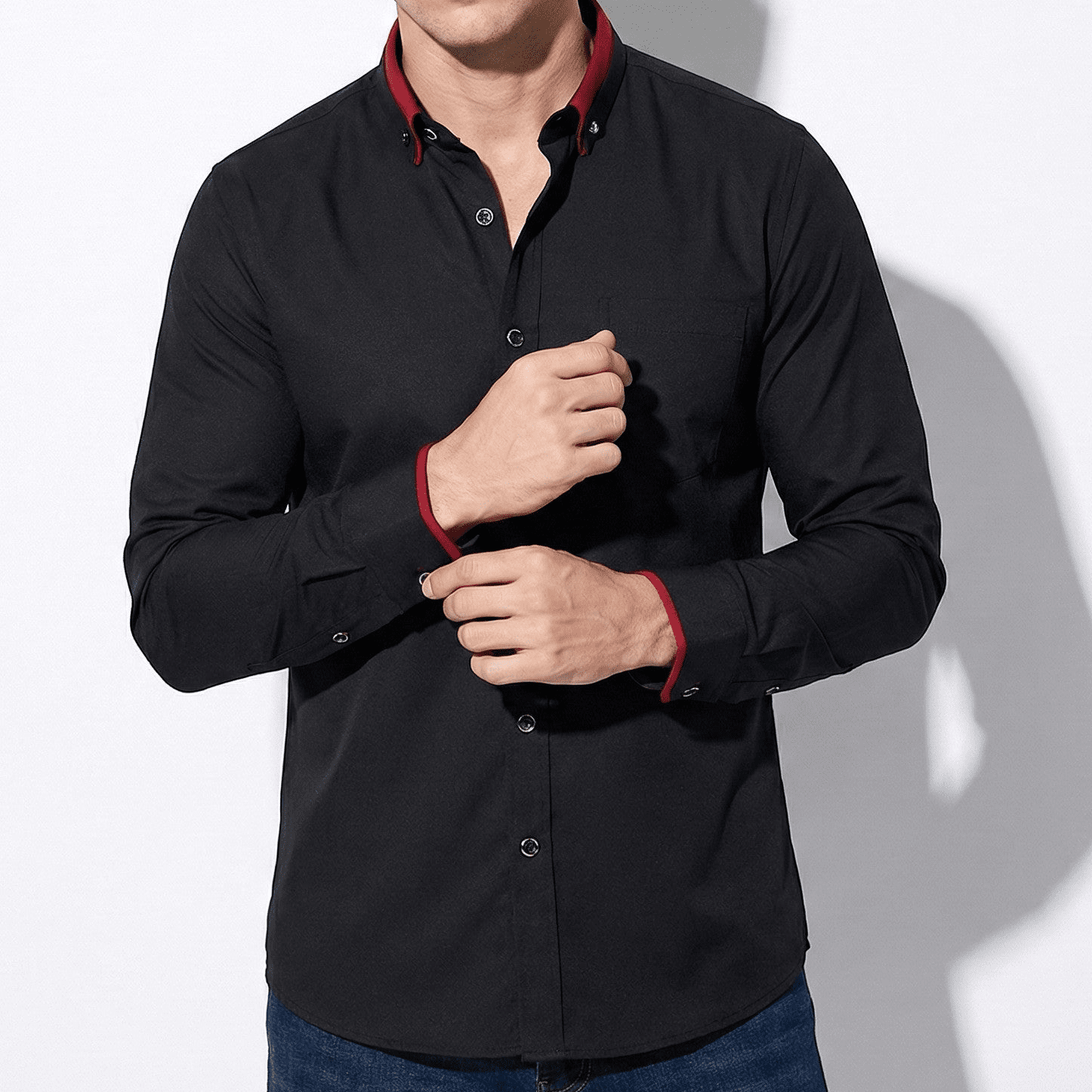 Jack - Men’s Wrinkle - Free Stretch Shirt with Stand - Up Collar - Tops, T-shirts & Shirts - Black - Jones & Smith