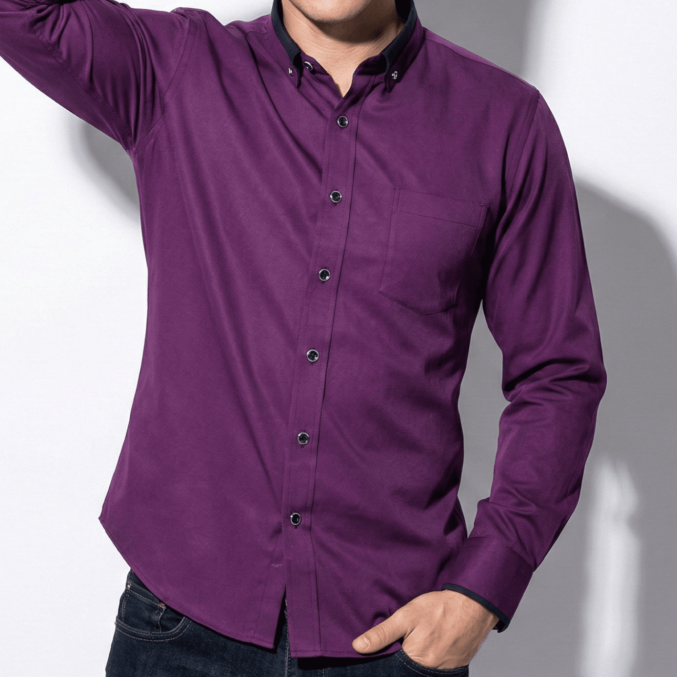 Jack - Men’s Wrinkle - Free Stretch Shirt with Stand - Up Collar - Tops, T-shirts & Shirts - Purple - Jones & Smith
