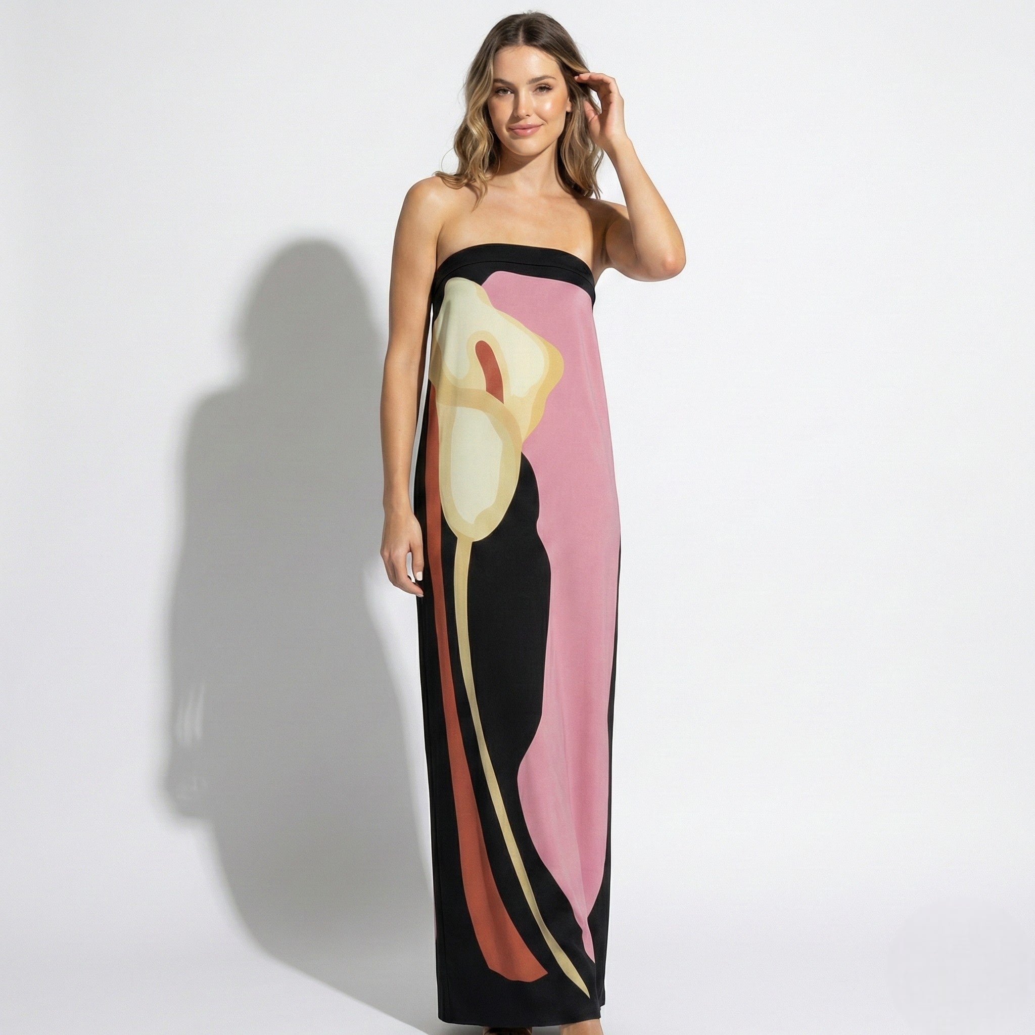 Jaime - Women's Strapless Maxi Dress with Abstract Floral Print - Dresses - Pink - Jones & Smith