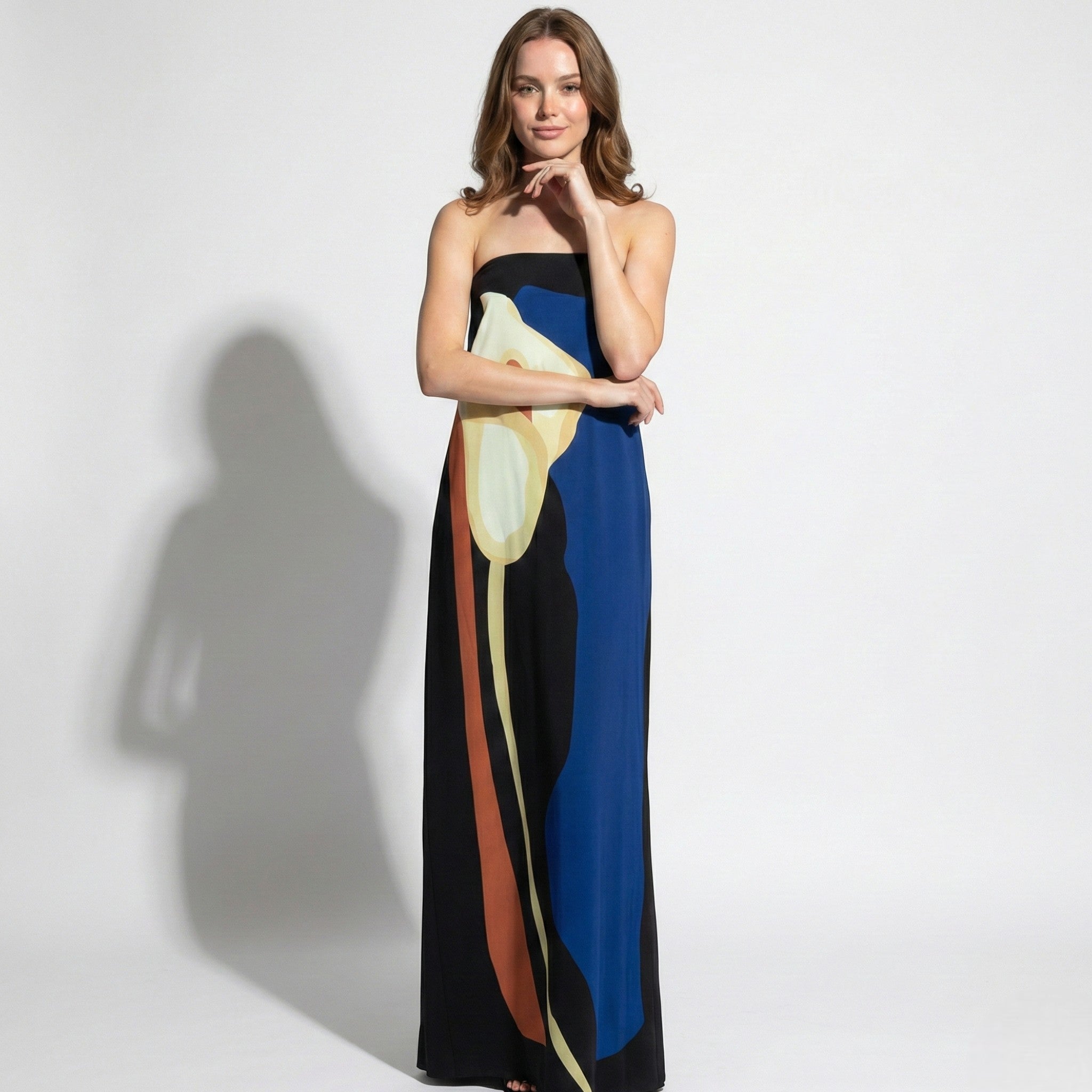 Jaime - Women's Strapless Maxi Dress with Abstract Floral Print - Dresses - Blue - Jones & Smith