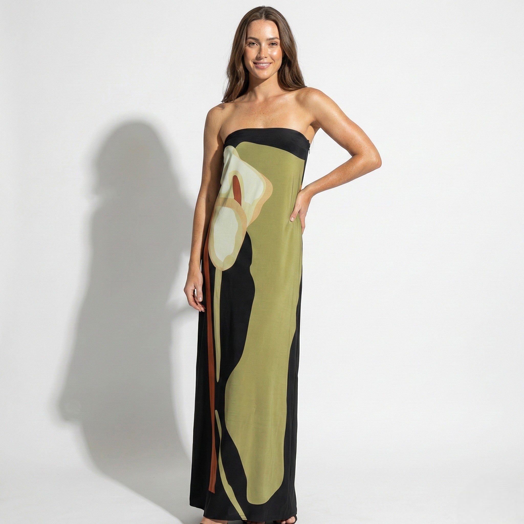 Jaime - Women's Strapless Maxi Dress with Abstract Floral Print - Dresses - Green - Jones & Smith