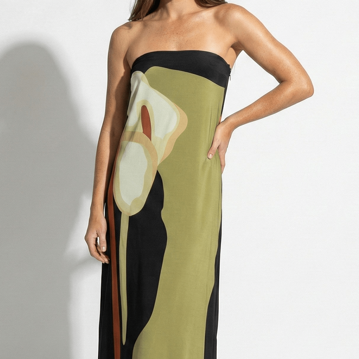 Jaime - Women's Strapless Maxi Dress with Abstract Floral Print - Dresses - Green - Jones & Smith